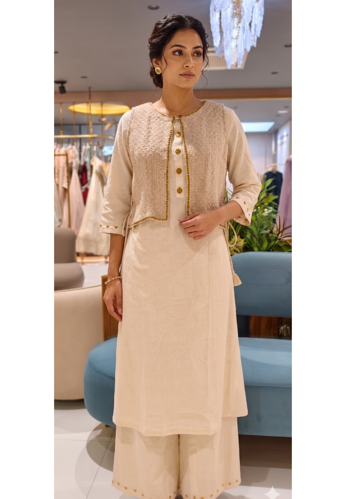 Golden Foil Highlight Jacket Style Solid Straight Kurta Pant Set In Cotton Fabric- 14194