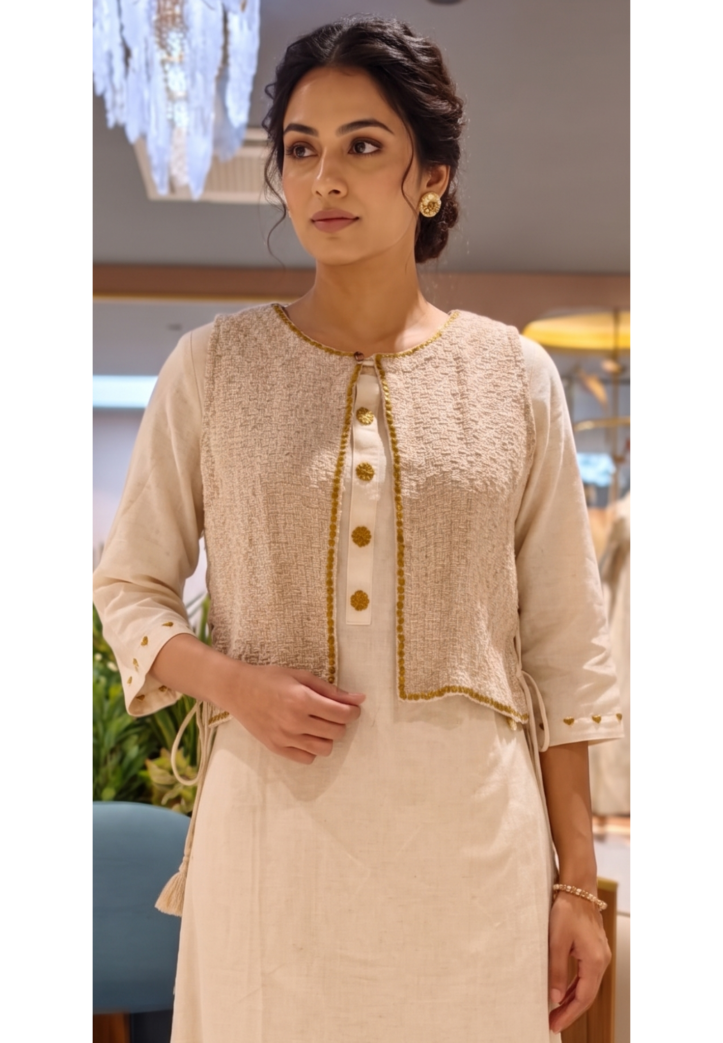 Golden Foil Highlight Jacket Style Solid Straight Kurta Pant Set In Cotton Fabric- 14194