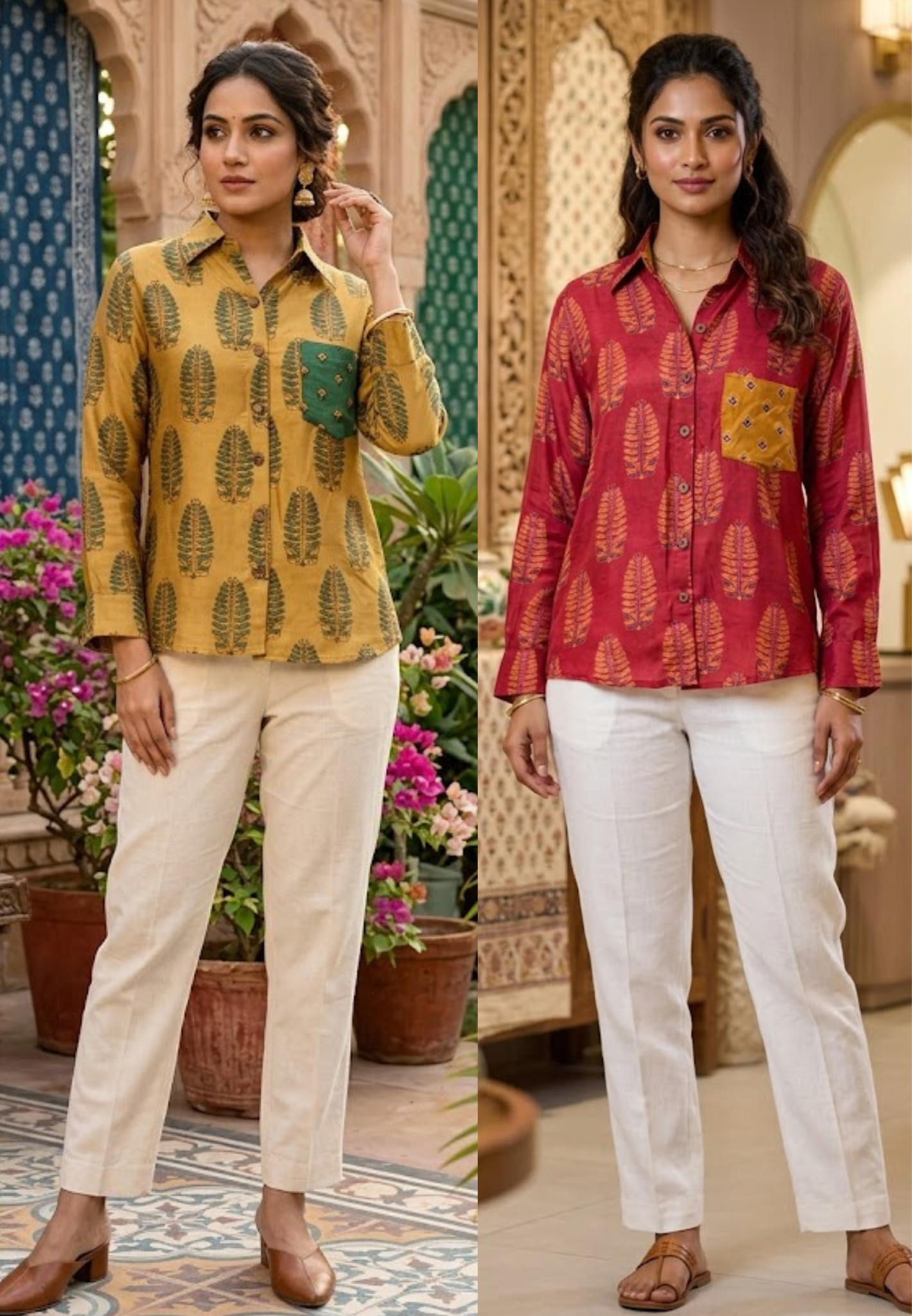 Leaf Hand-Block Print Modal Muslin Shirt with Contrast Pocket Detailing-14484 RB307