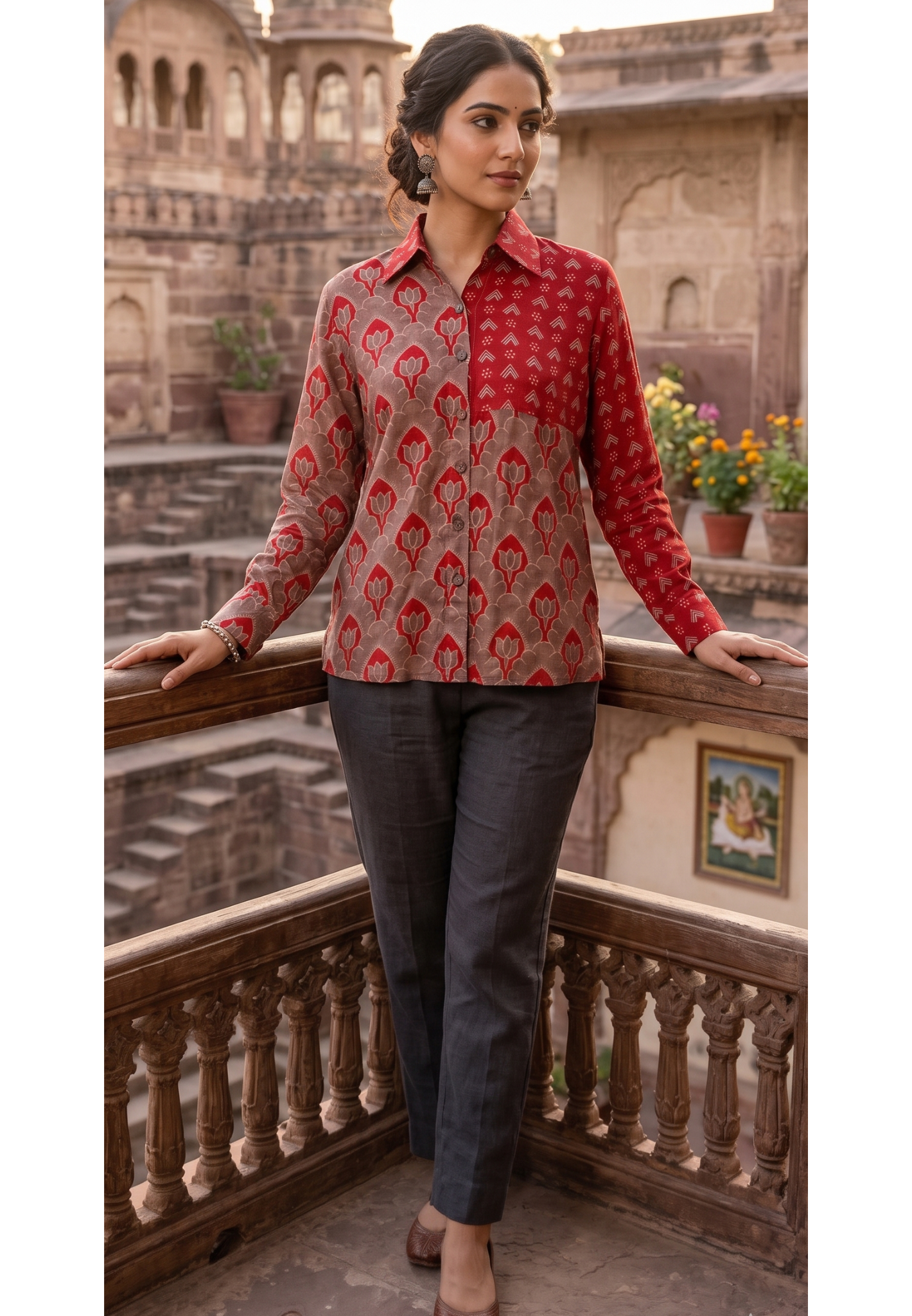 Mosaic Muse Attractive Red Vibrant Modal Muslin Casual Shirt-14439