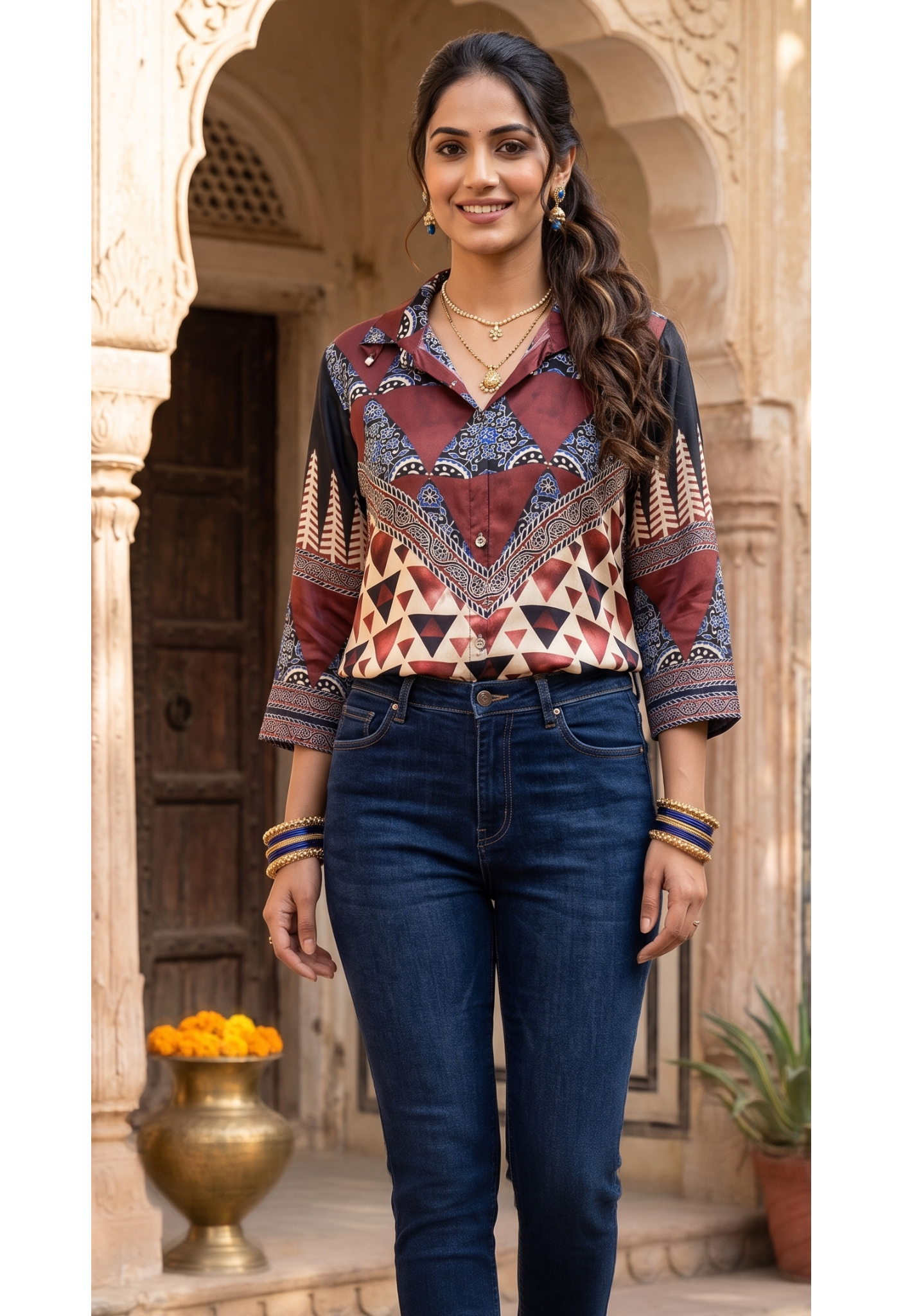 Teal Mandala Geometric Upside Down Printed Crepe Shirt-14479 RB305