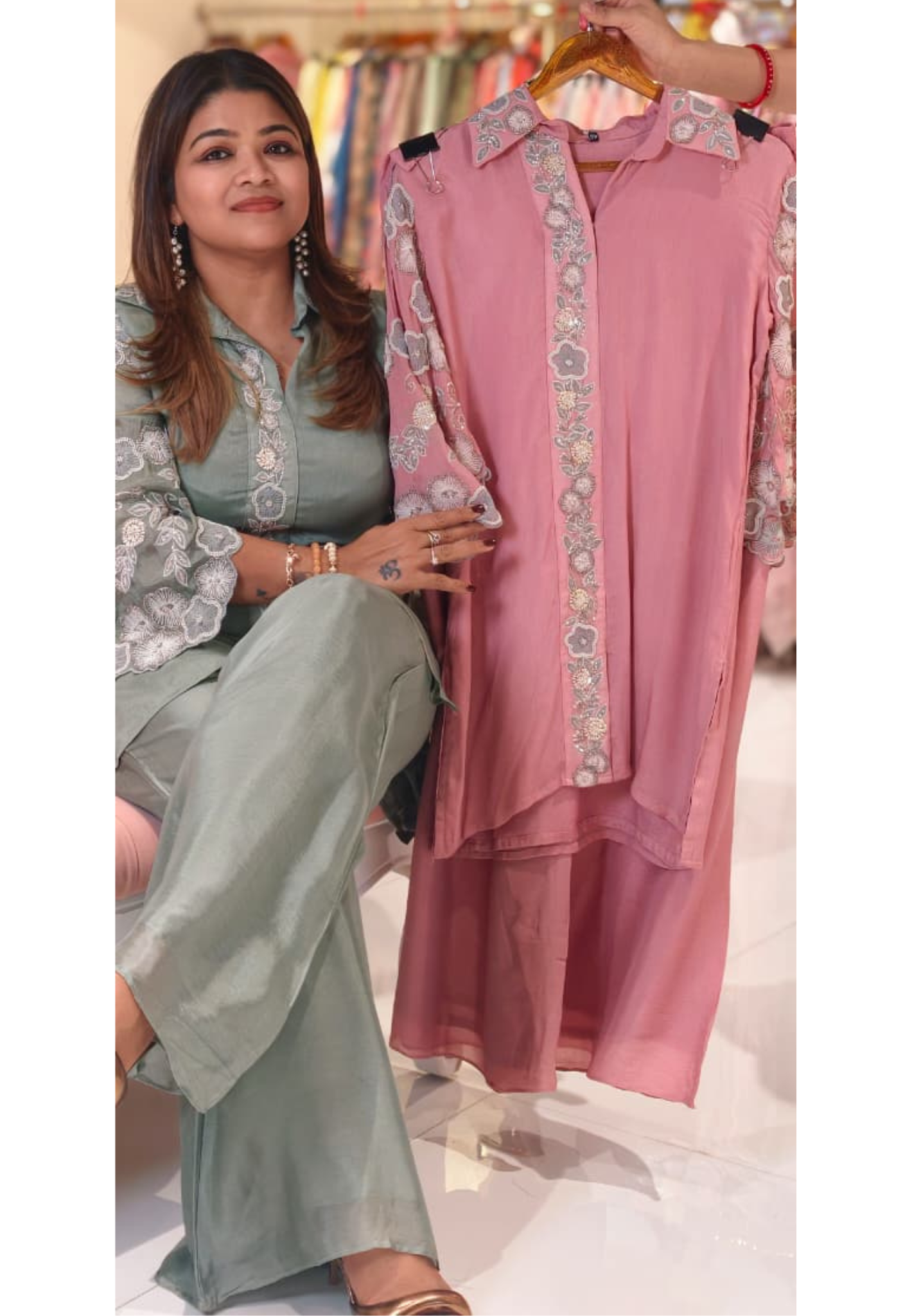 Designer Floral Cut Work Heavy Hand Embroidered Pastel Shade Chinon Co-Ord Set-14247(Loose Fit) RB277