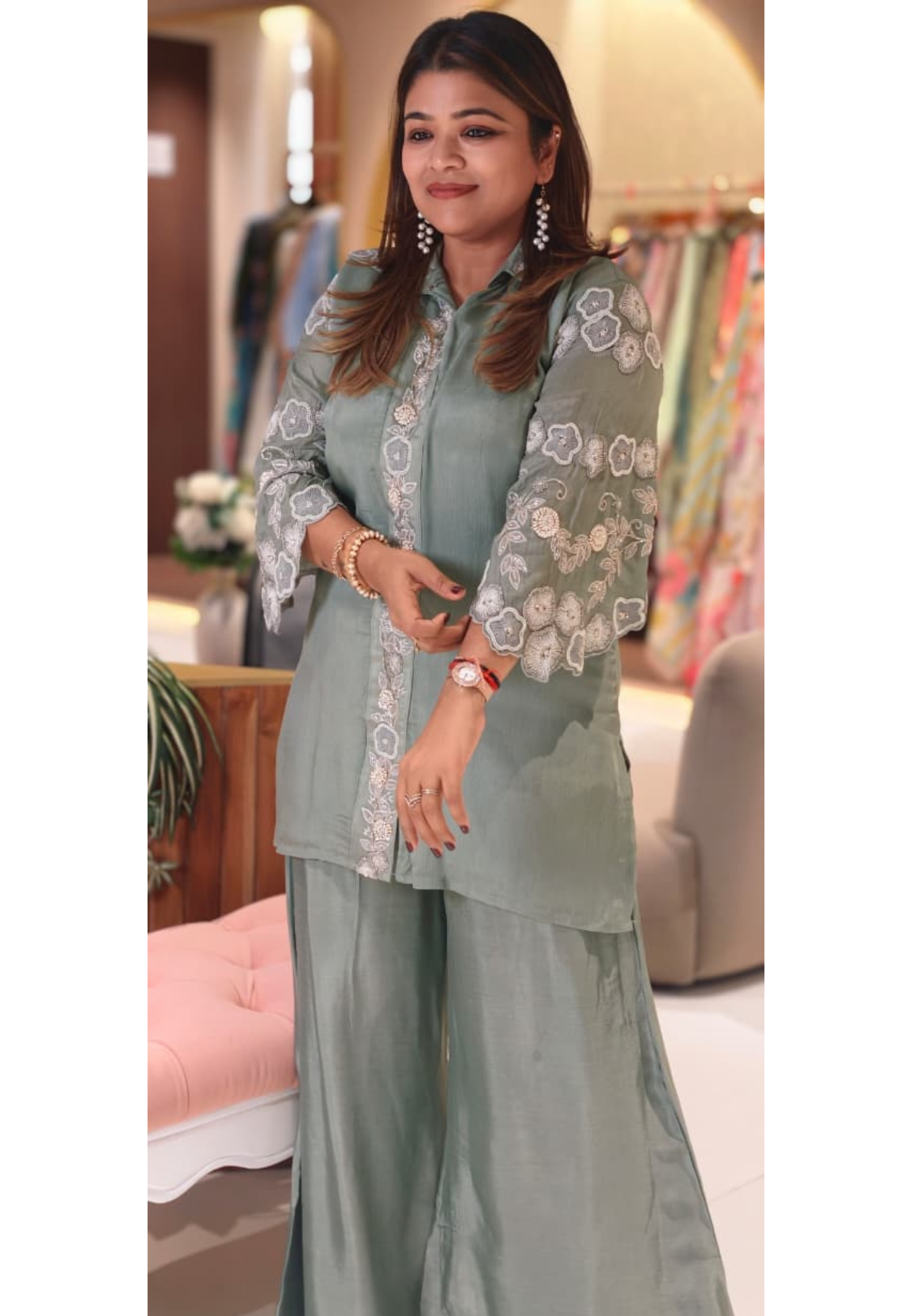 Designer Floral Cut Work Heavy Hand Embroidered Pastel Shade Chinon Co-Ord Set-14247(Loose Fit) RB277