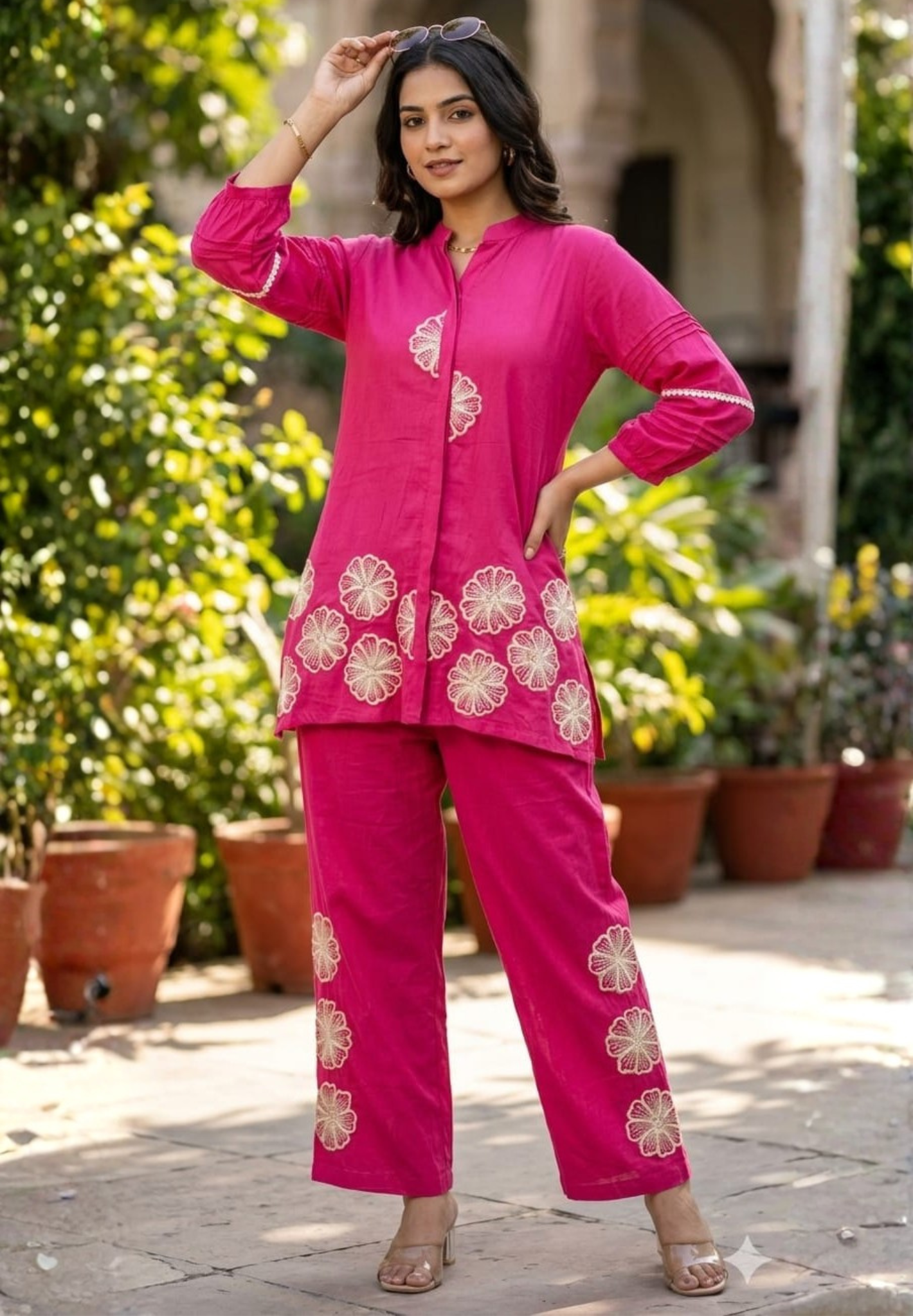 Gulabi Blush Half Phase Floral Embroidered Solid Mul-Cotton Co-Ord Set- 14495 RB285