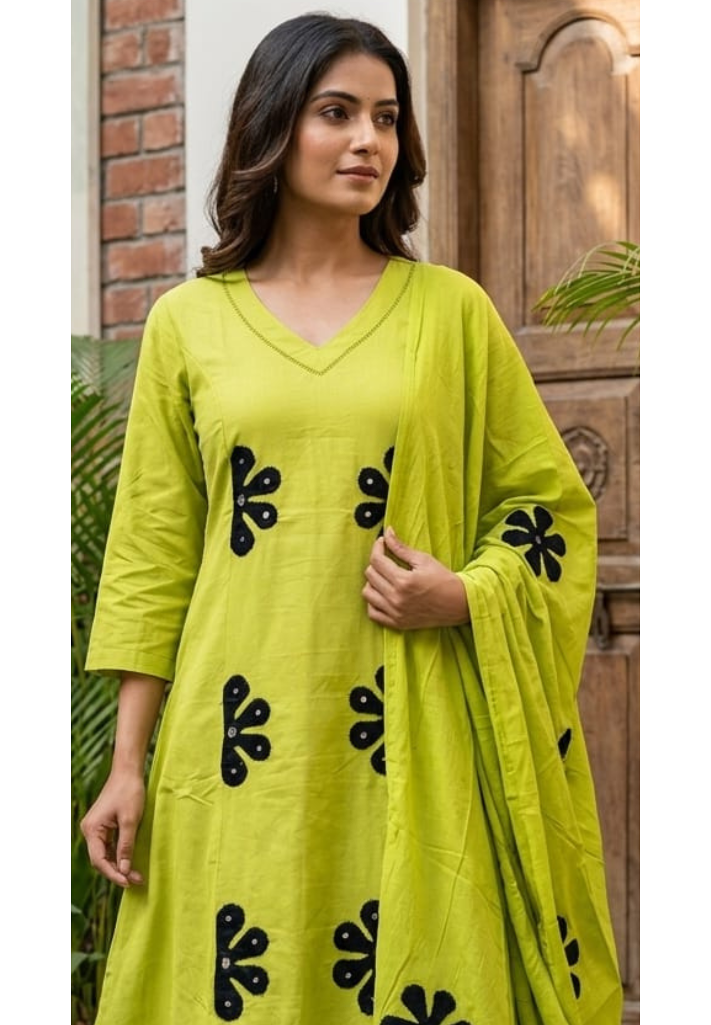 Half Phased Flower Patch Cotton A-Line Full Suit Set With Dupatta- 14415 RB326