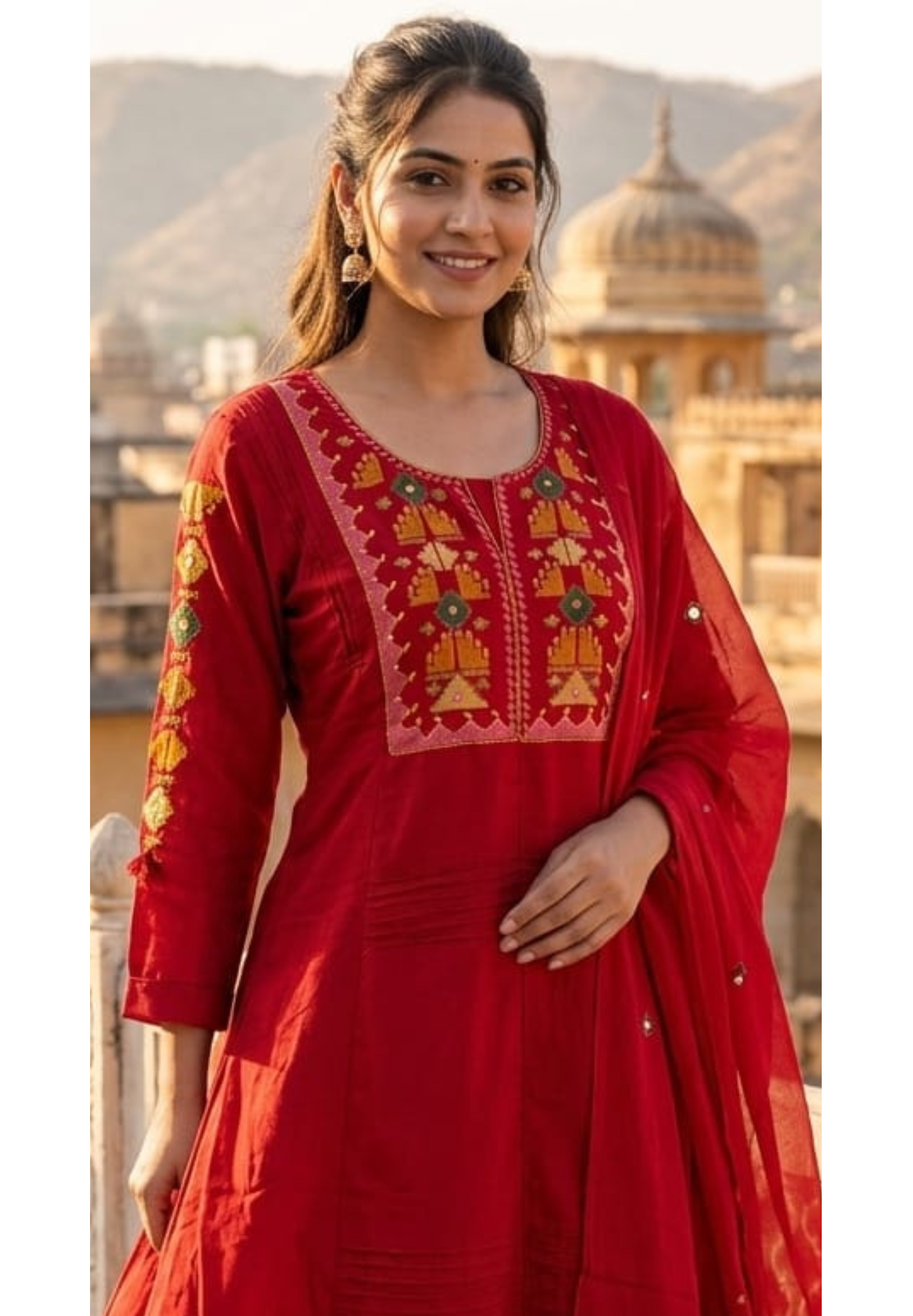 Thread Embroidered Silli Cotton A-Line Full Suit Set with Dupatta With Pintuck Detailing- 14293 RB330