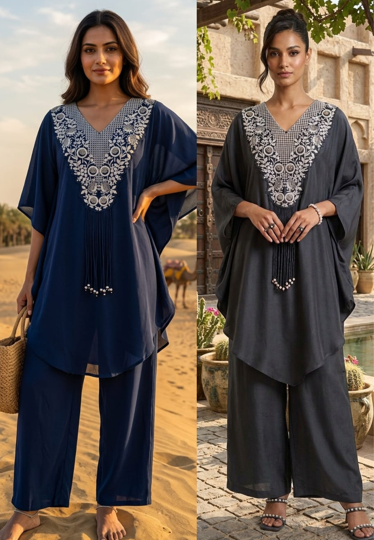 Chic Dark Shaded Embroidered Kaftan Tunic with Beaded Tassels & Bottom- 14518 RB316