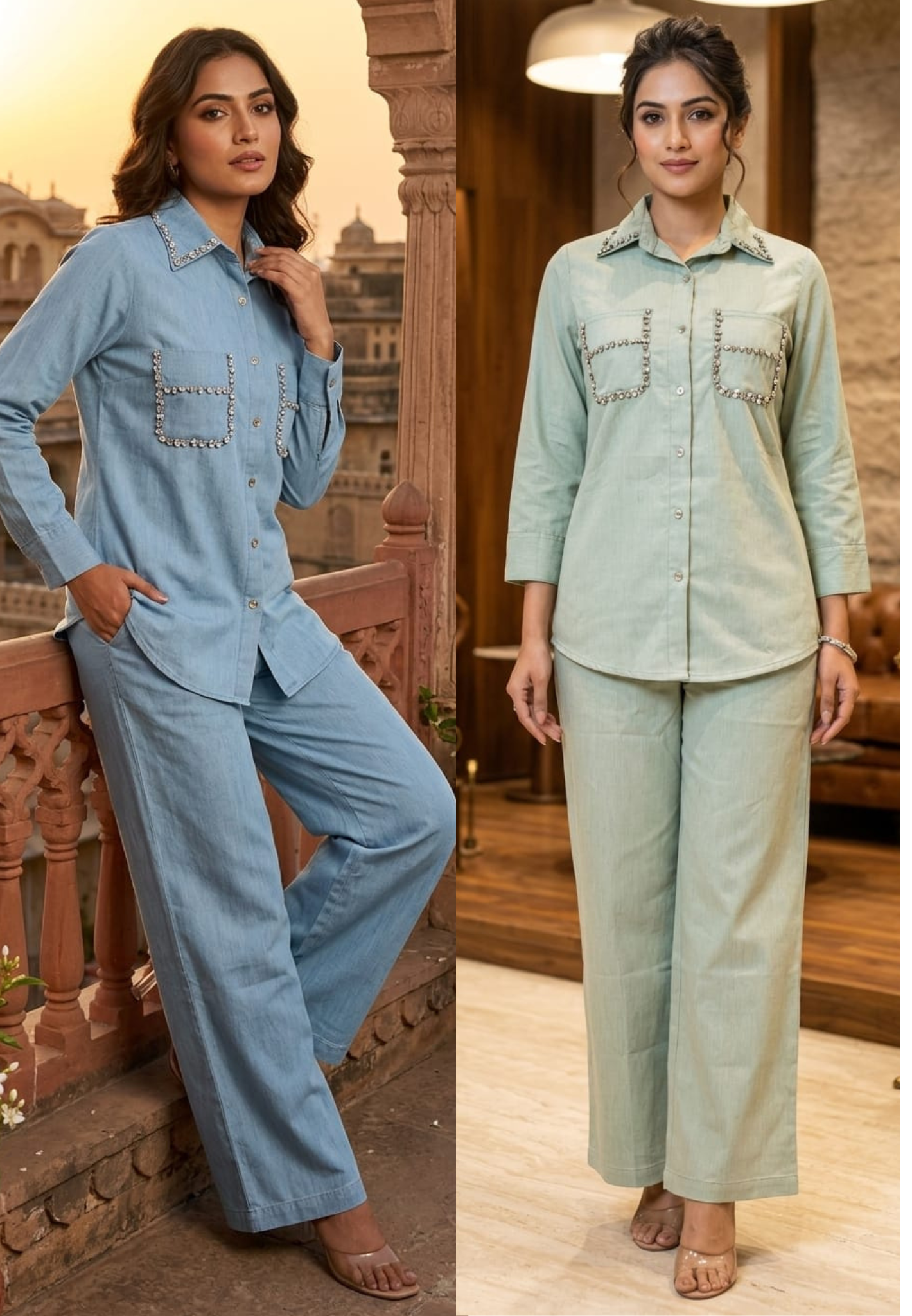 Stylish Beads Stone Work On Shoulder Solid Denim Co-Ord Sets-14339