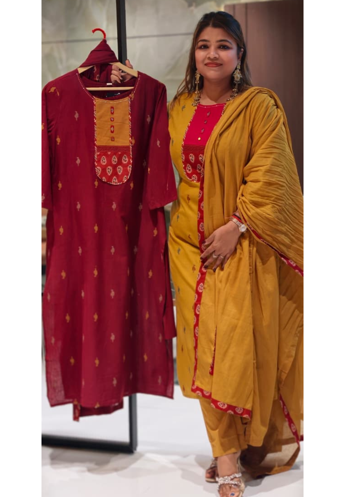 Ethnic Abstract Print U-Yoke Multicolor Cotton Full Suit Set With Printed Dupatta(Lean Fit)- 14355 RB327