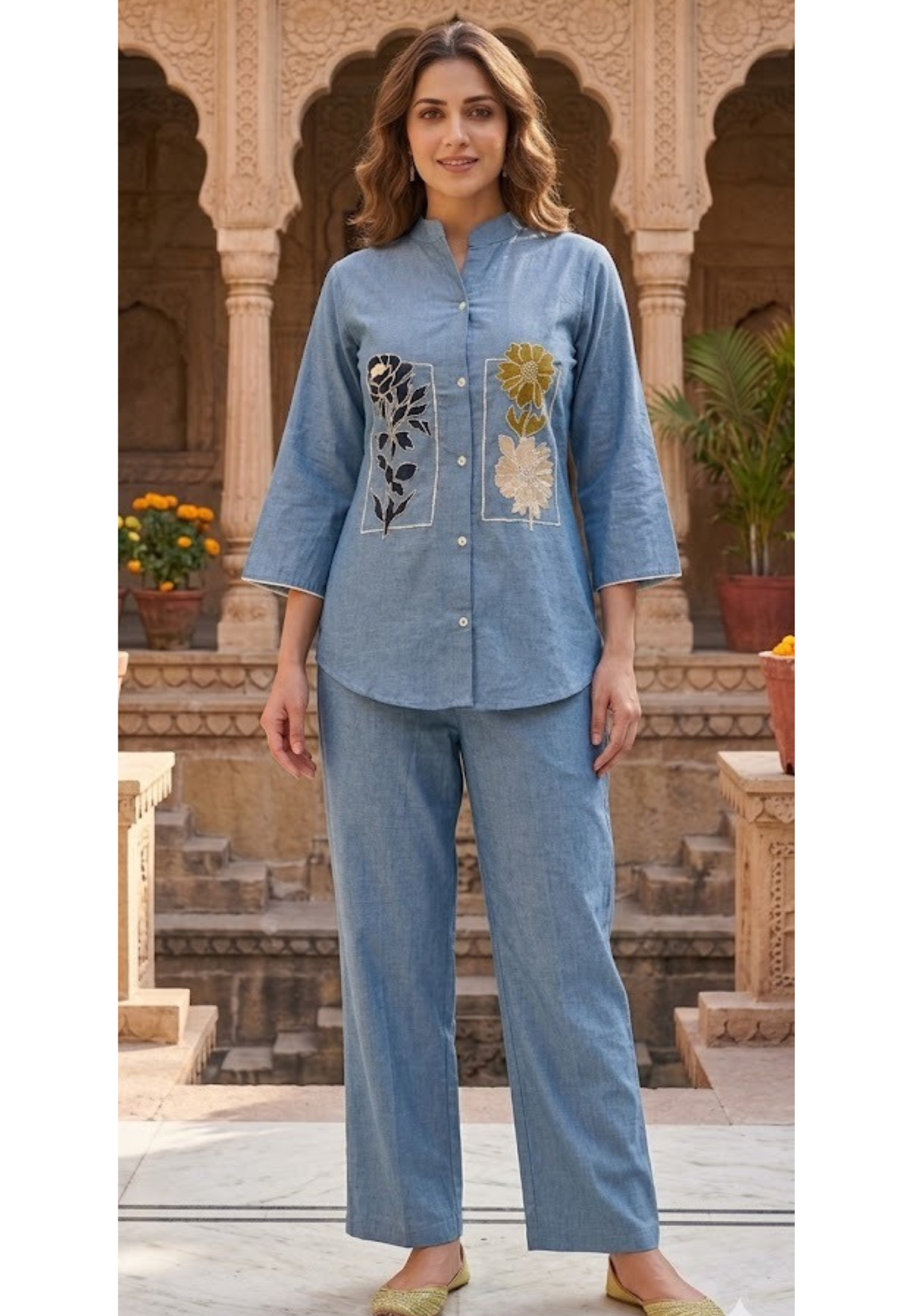 Premium Casual Chic Ethnic Floral Embroidery Cotton Denim Co-Ord Set- 14550 RB346