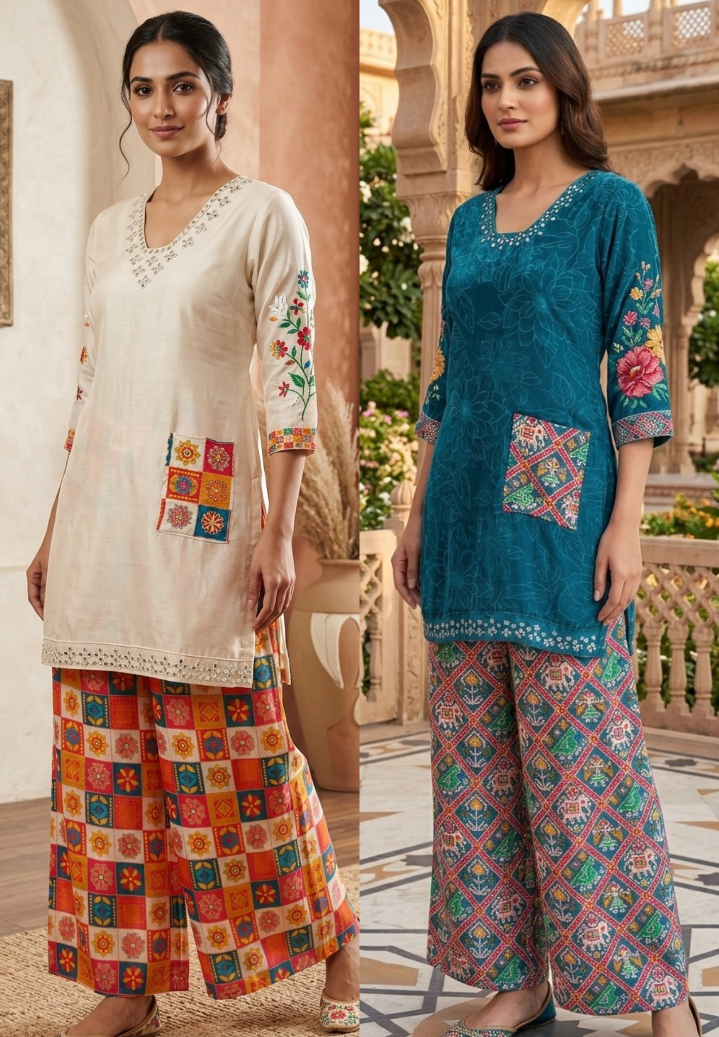Rajasthani-Inspired Patchwork High-Contrast Printed Crepe Kurta Pant Set (SLIGHTLY LEAN FIT)- 14542,44 RB342