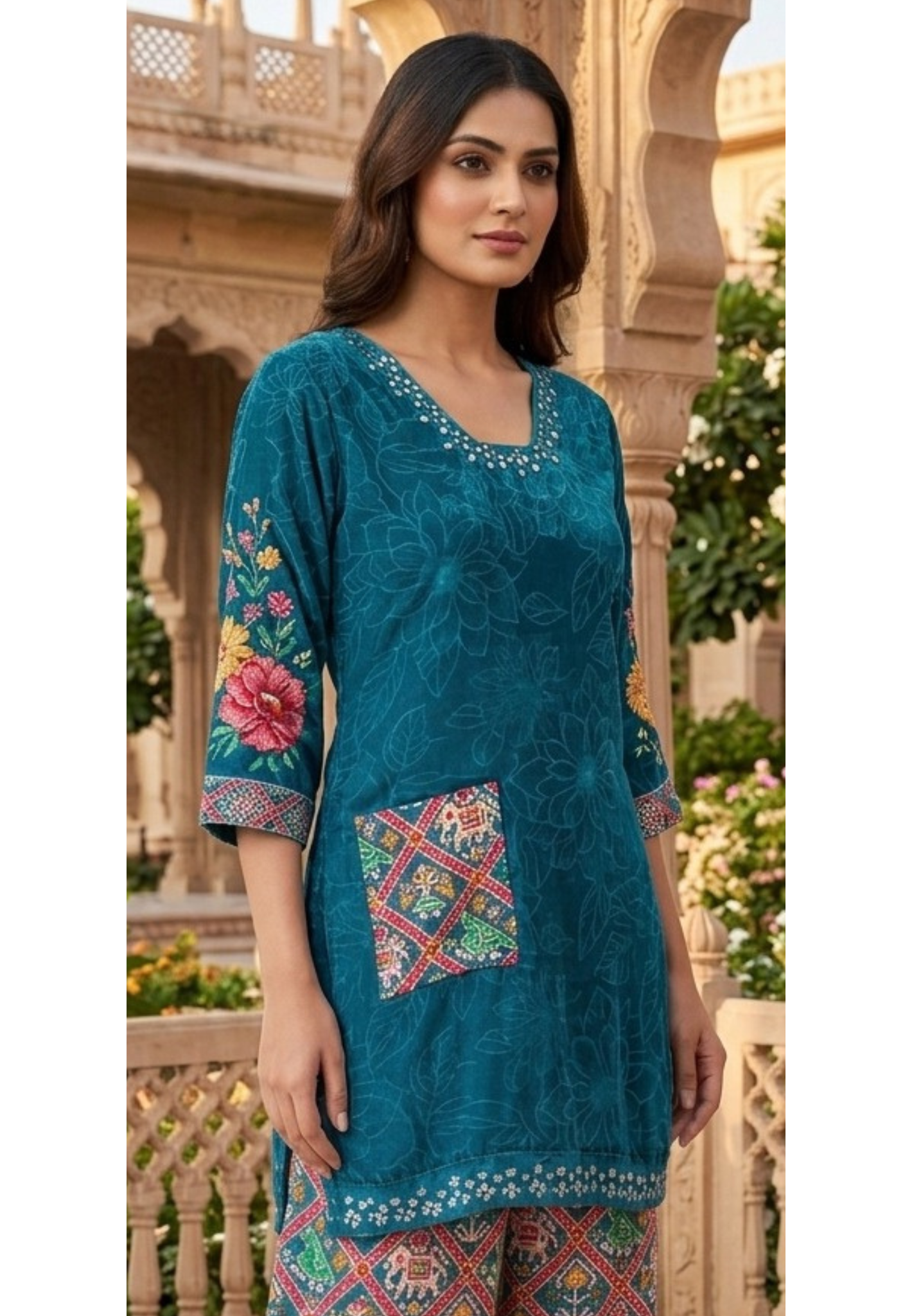 Rajasthani-Inspired Patchwork High-Contrast Printed Crepe Kurta Pant Set (SLIGHTLY LEAN FIT)- 14542,44 RB342