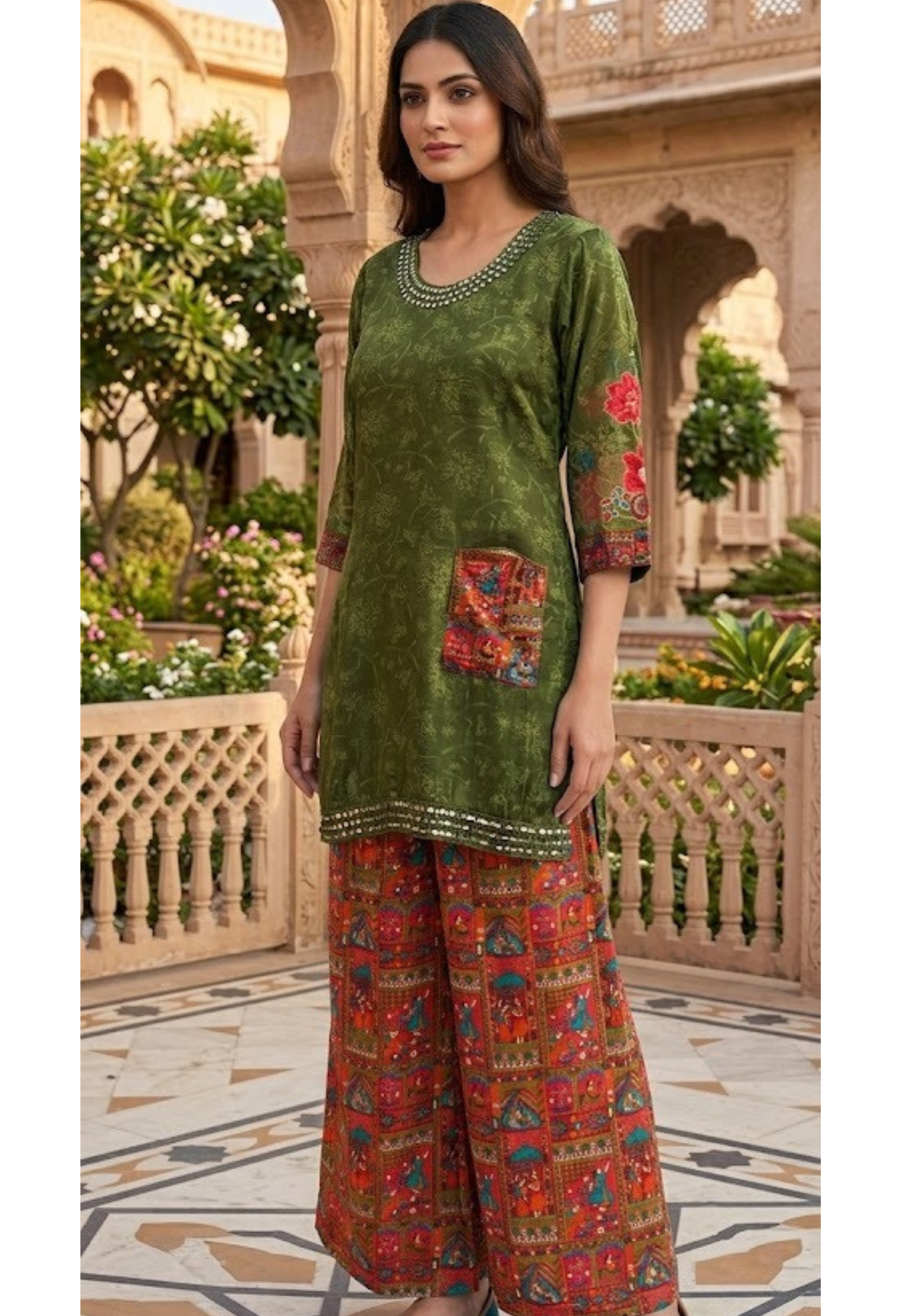 Olive Green Crepe Kurta with Mirror Work Neckline and Rajasthani Patchwork Detail Bottom (SLIGHTLY LEAN FIT)- 14548 RB340