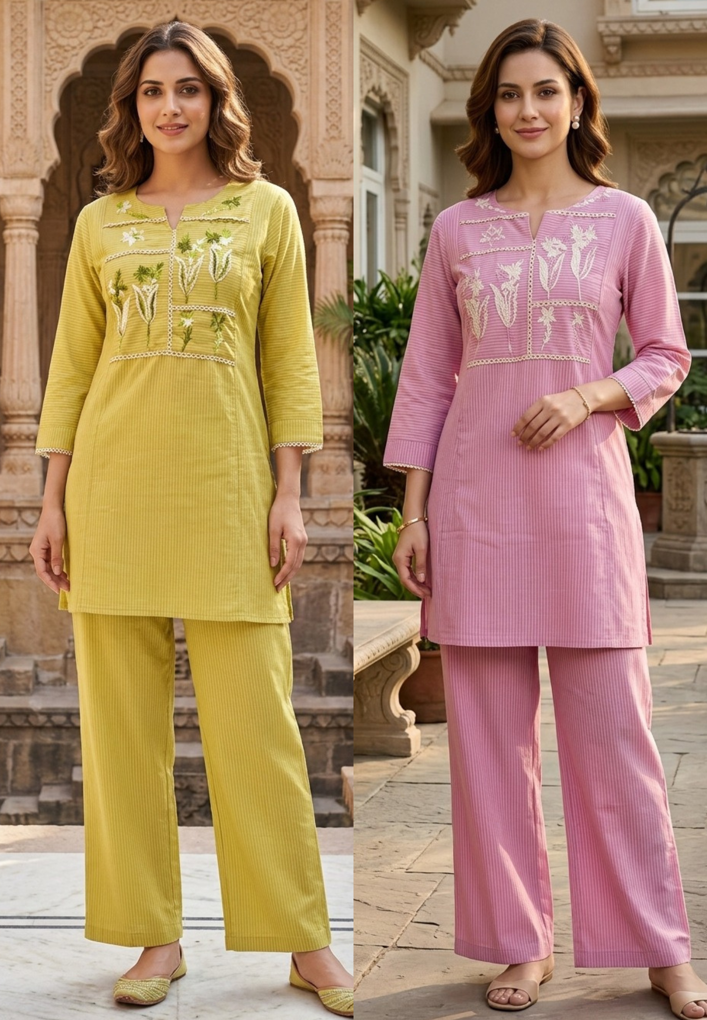 Thread Embroidered Floral Striped Co-Ord Set with Lace Paneling- 14552 RB343