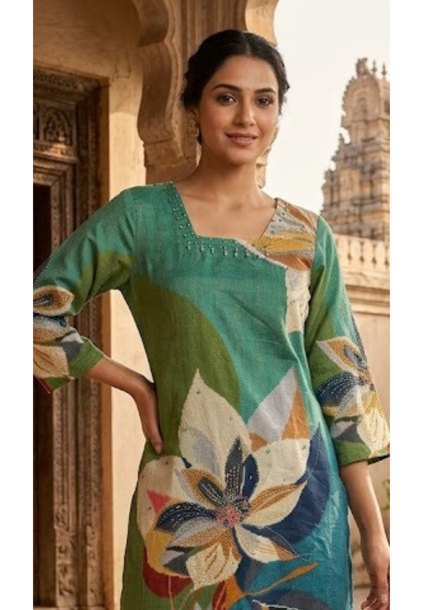 Multicolor Leaf Patch Printed Cotton Co-Ord Set With MInimal Hand Touch Over Neck- 14536 RB344