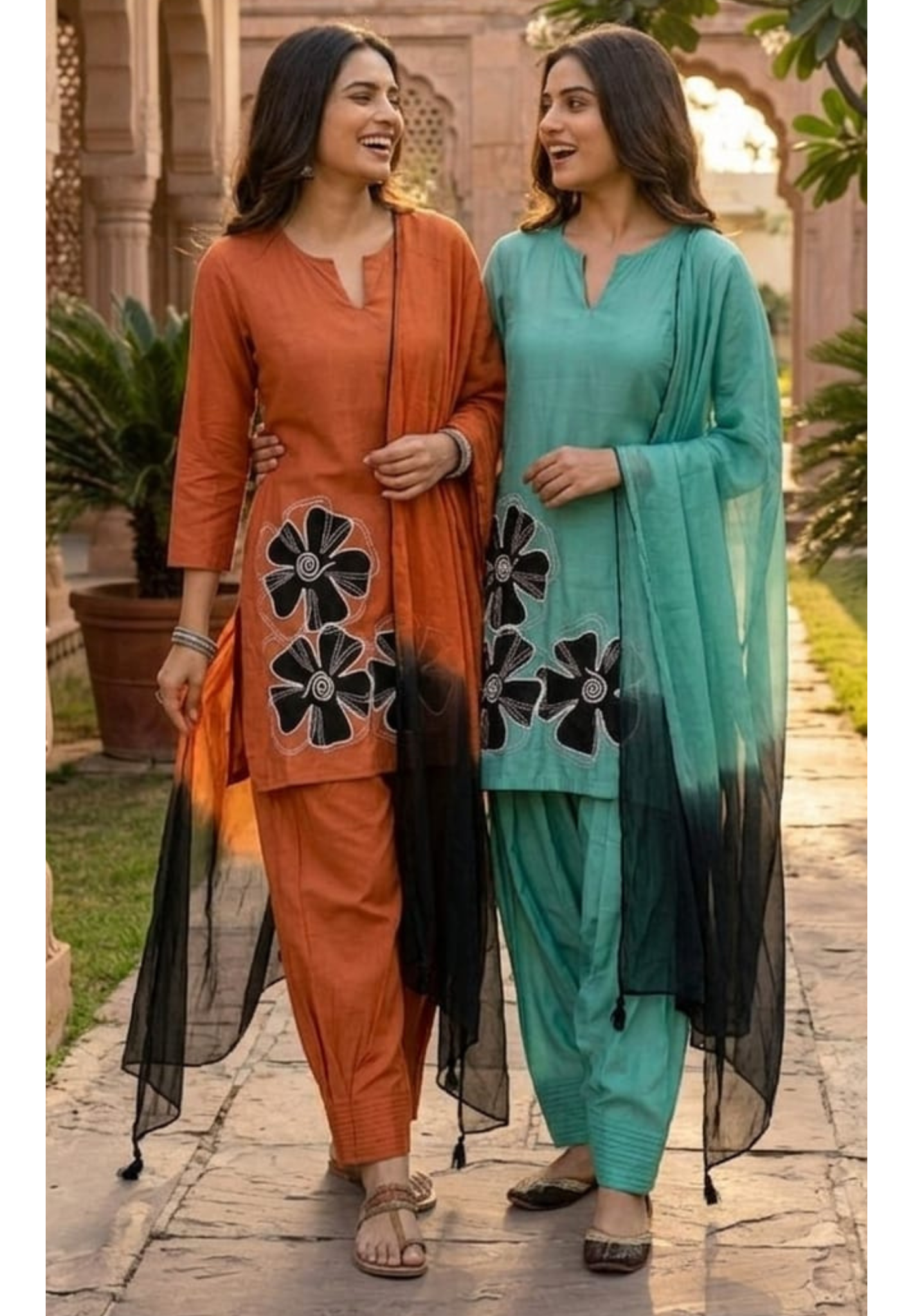 Floral Phased Patch Look Embroidered Work Full Suit Set With Farsi Bottom & Dupatta- 14467