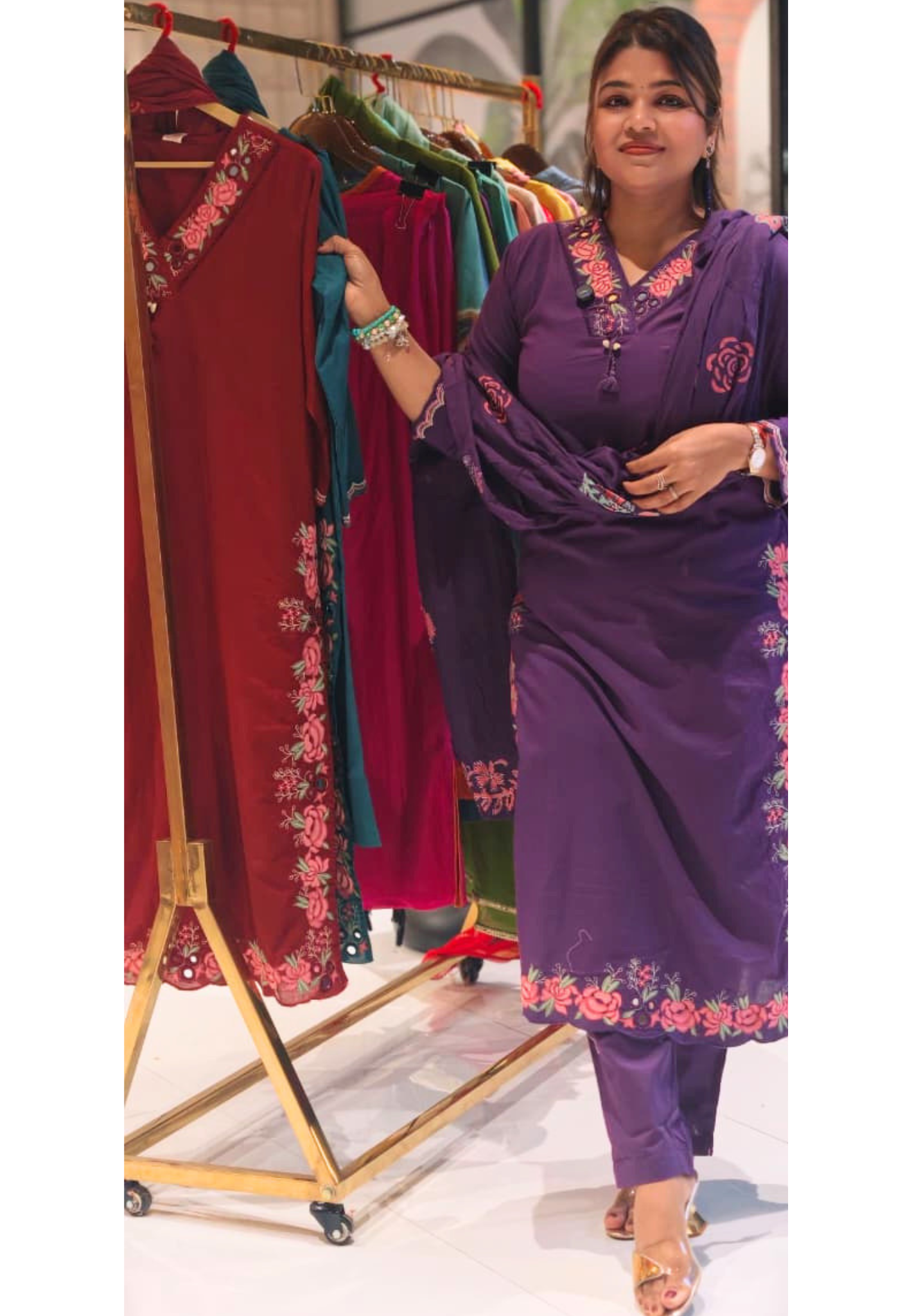 Solid Floral Embroidered Mirror Work Cotton Full Suit Set with Scalloped Dupatta- 14537 RB338