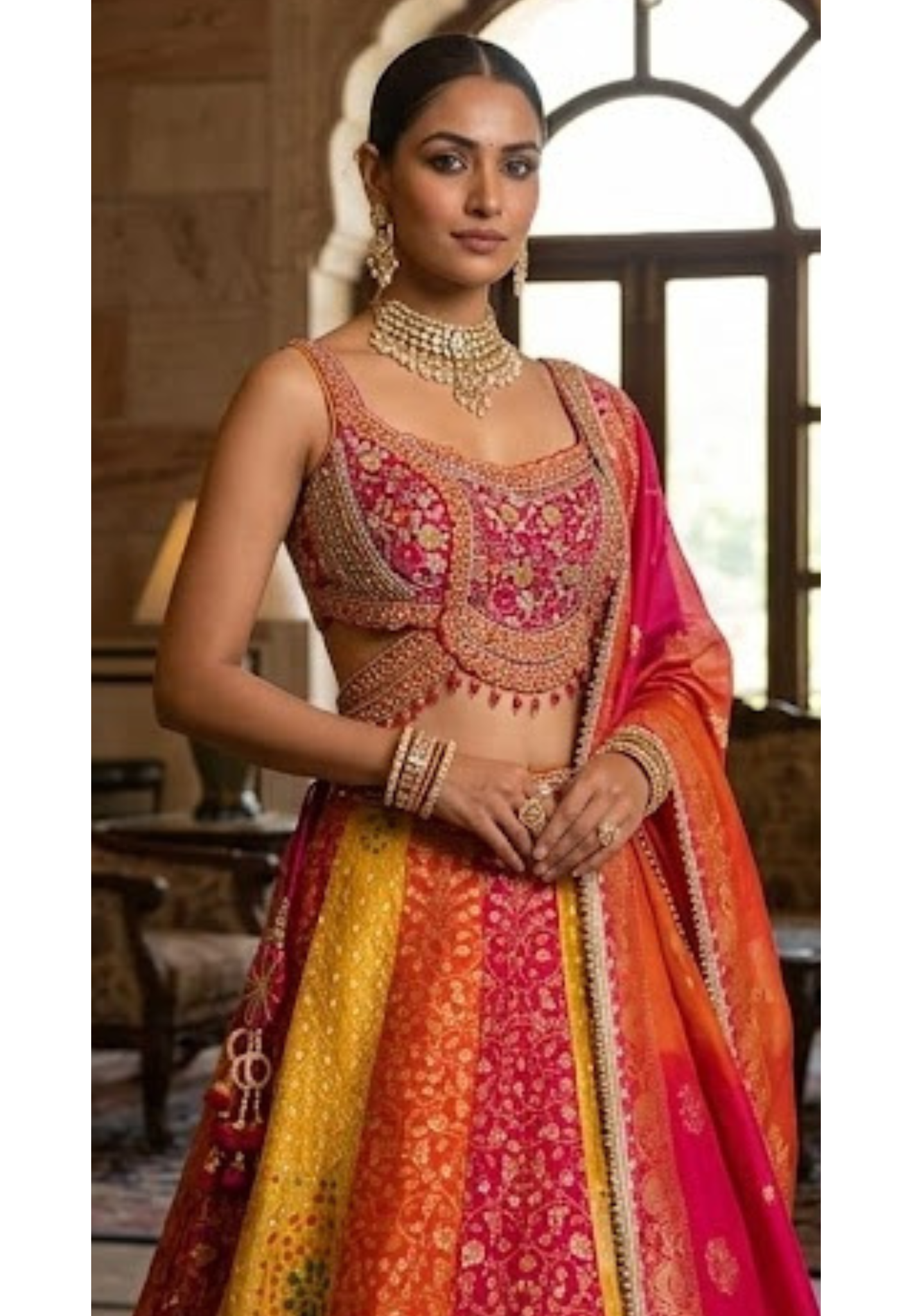 Exquisite Multi-Color Panelled Silk Lehenga Choli with Heavy Mirror Work & Floral Zardosi Embroidery- 14232