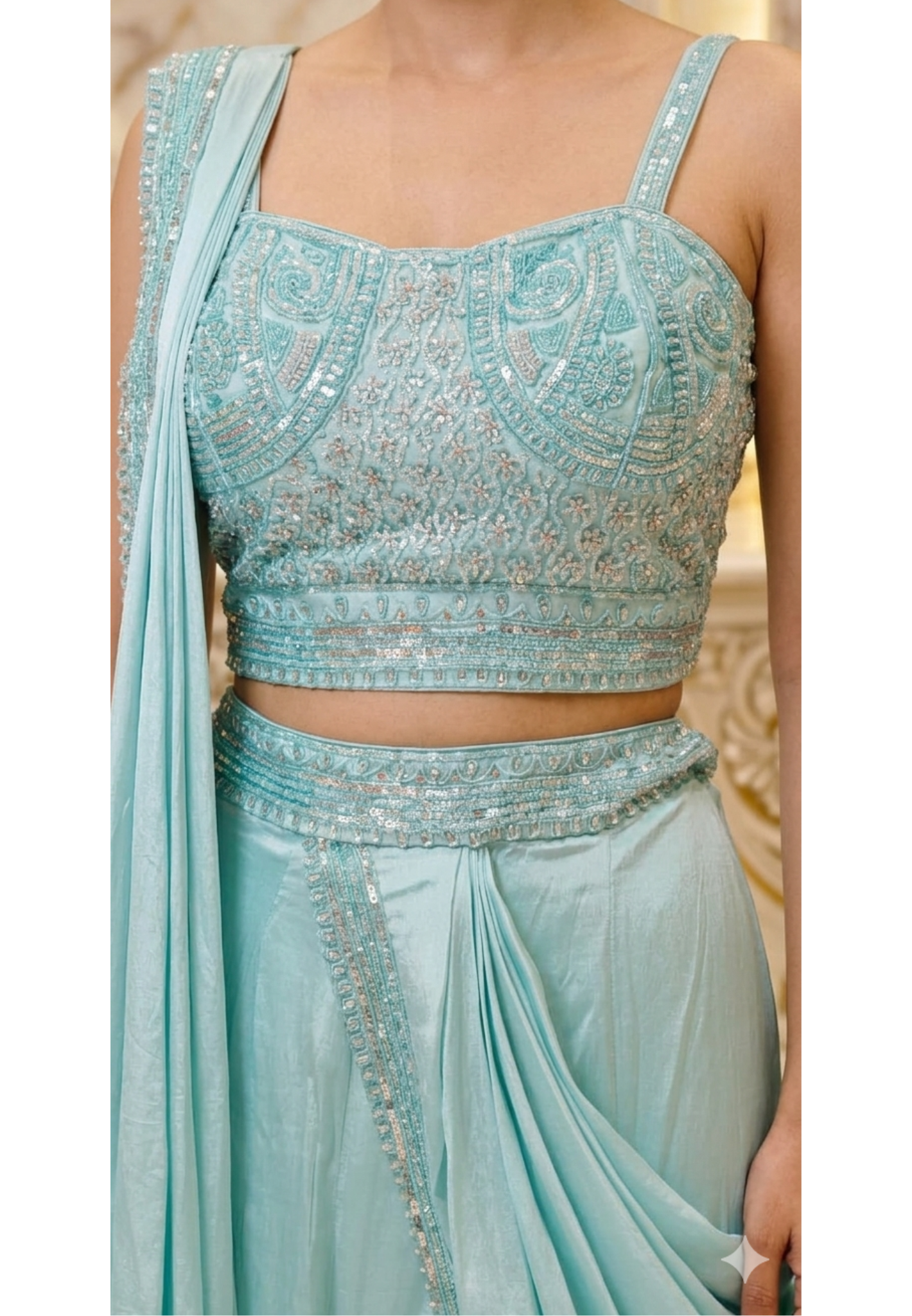 Designer Sky Blue Heavily Embellished Crop Top with Pre-Draped Draped Saree Style Lehenga - 14090