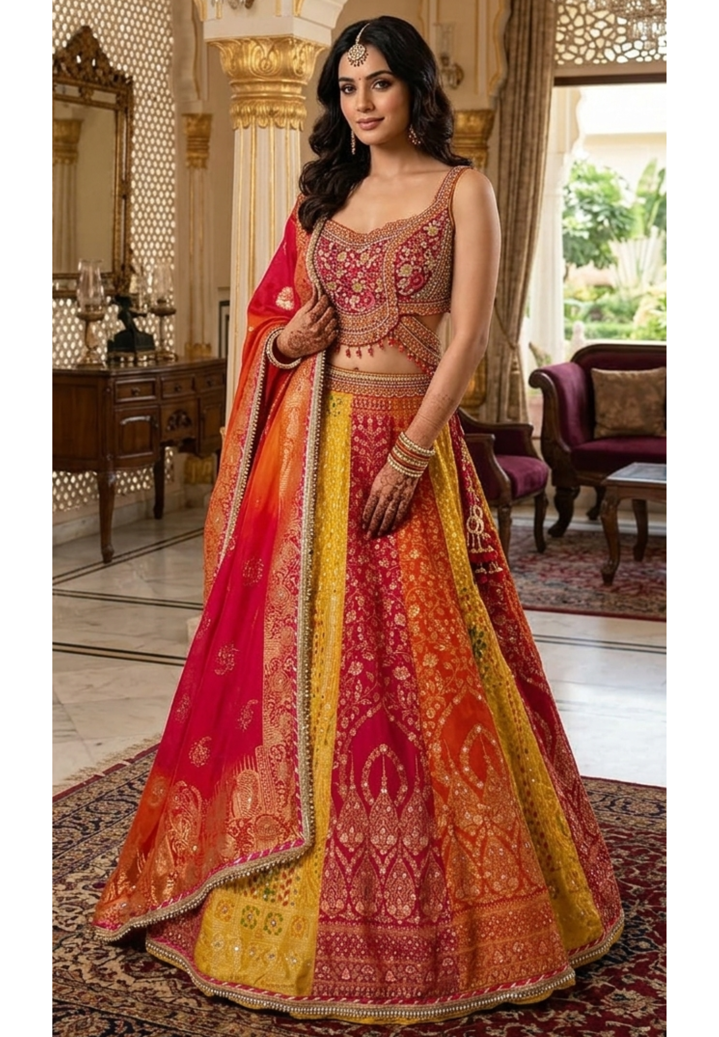 Exquisite Multi-Color Panelled Silk Lehenga Choli with Heavy Mirror Work & Floral Zardosi Embroidery- 14232