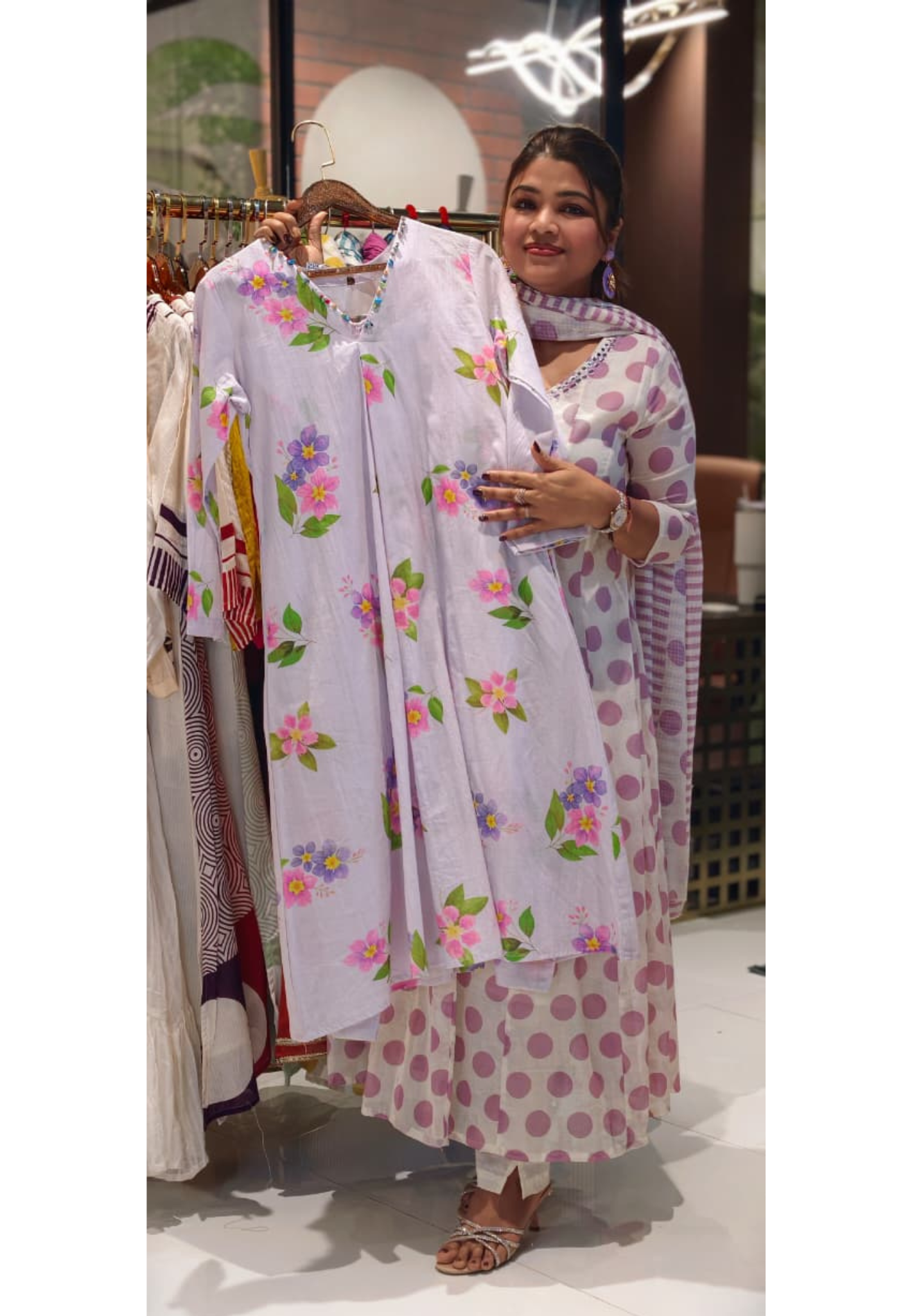 Pastel Lavender A-Line Soft Cotton Floral Printed Kurta with Beaded Neckline And Loose Bottom-14491  RB289