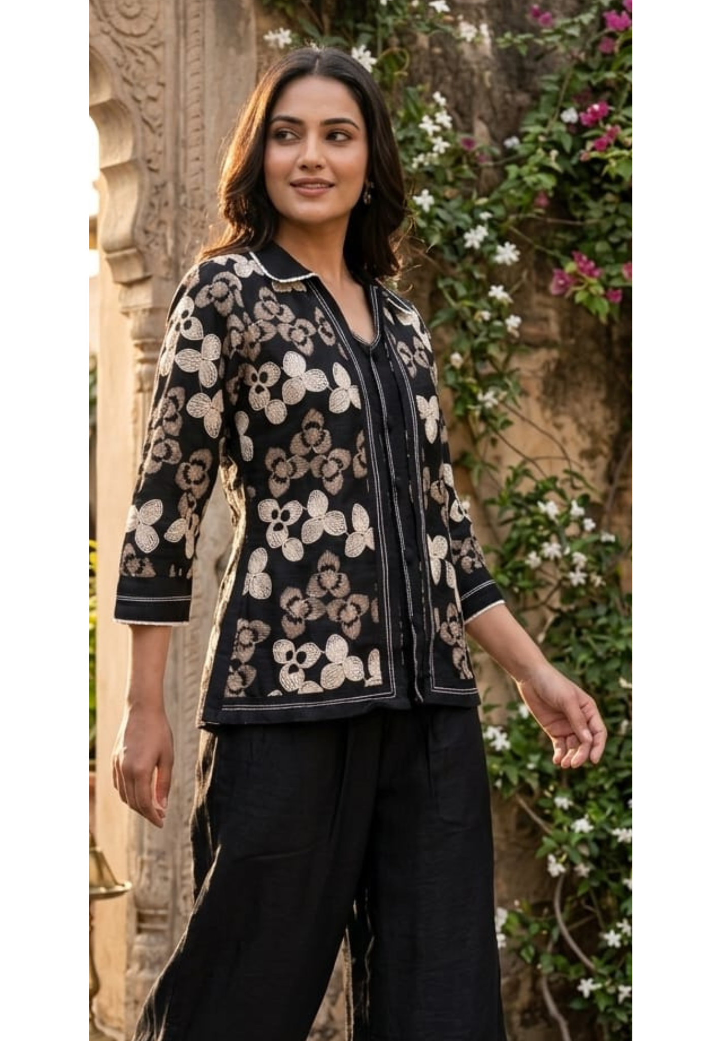 Fine Floral Thread Embroidery Attached Jacket Look Cotton Co-Ord Sets- 14601 RB361
