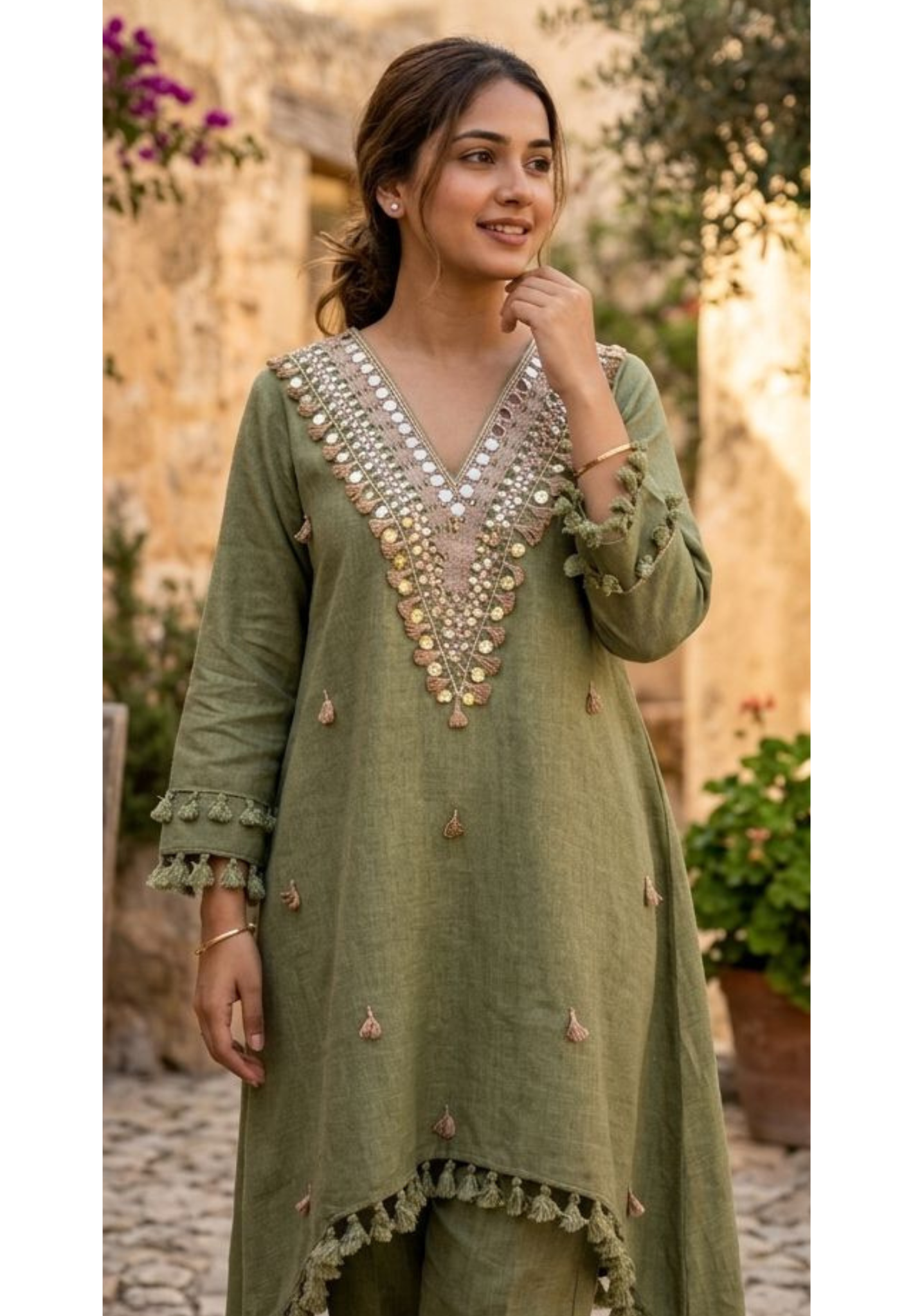 Real Mirror Boho Chic V-Neck Thread Tassel Accent Cotton Co-Ord Sets- 14560 RB362