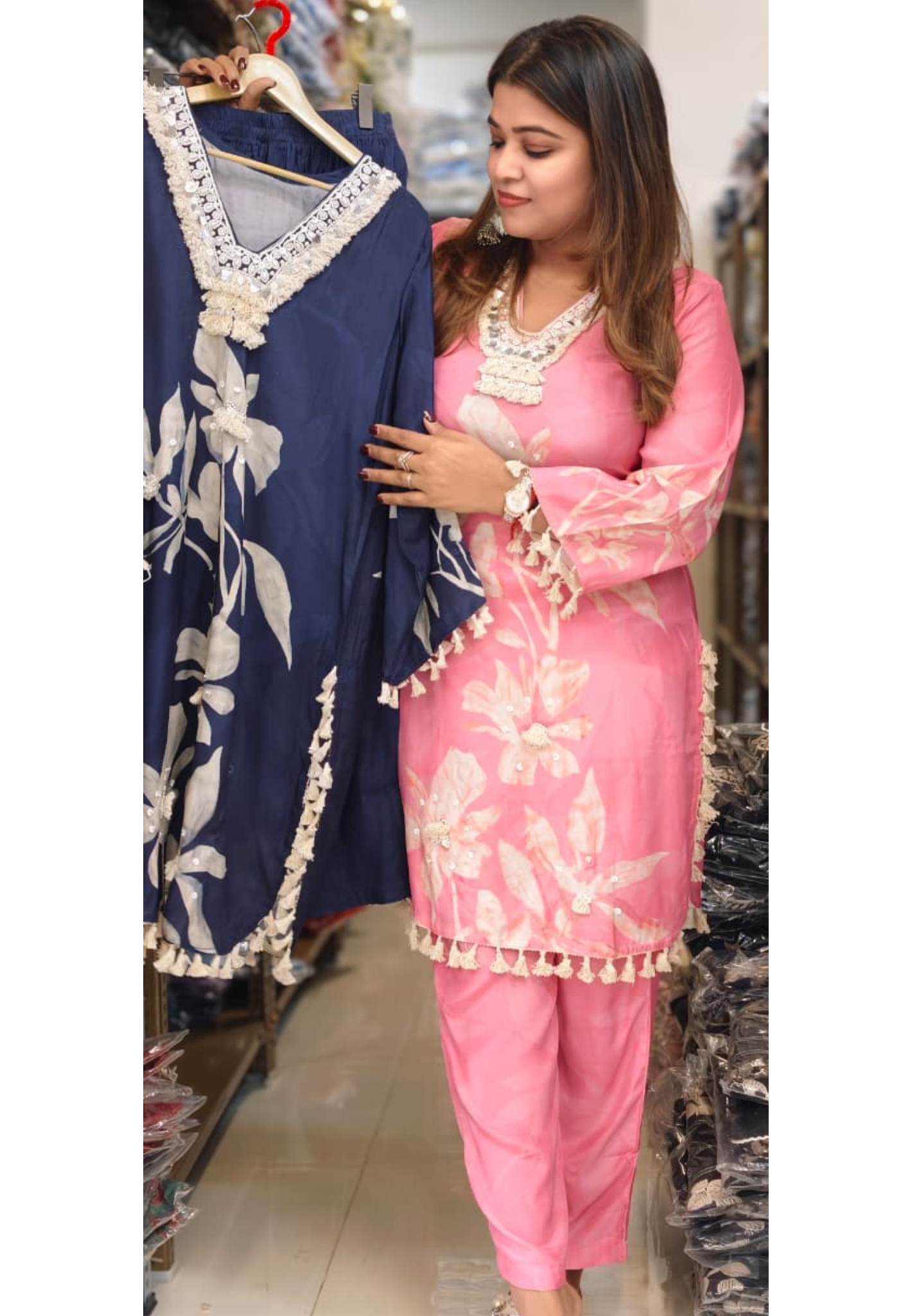 Tassel Accent Antique Neck-Line Leafy Floral Print Muslin Kurta Pant Set- 14596 RB366