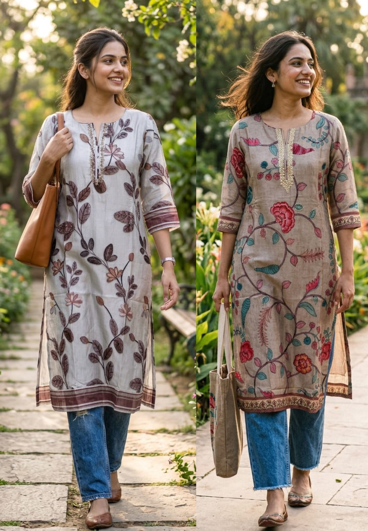 Zardosi Neckline Blossom Floral Print Russian Casual Wear Silk Kurti Only- 14717 RB384 LEAN FIT BOOK NEXT SIZE