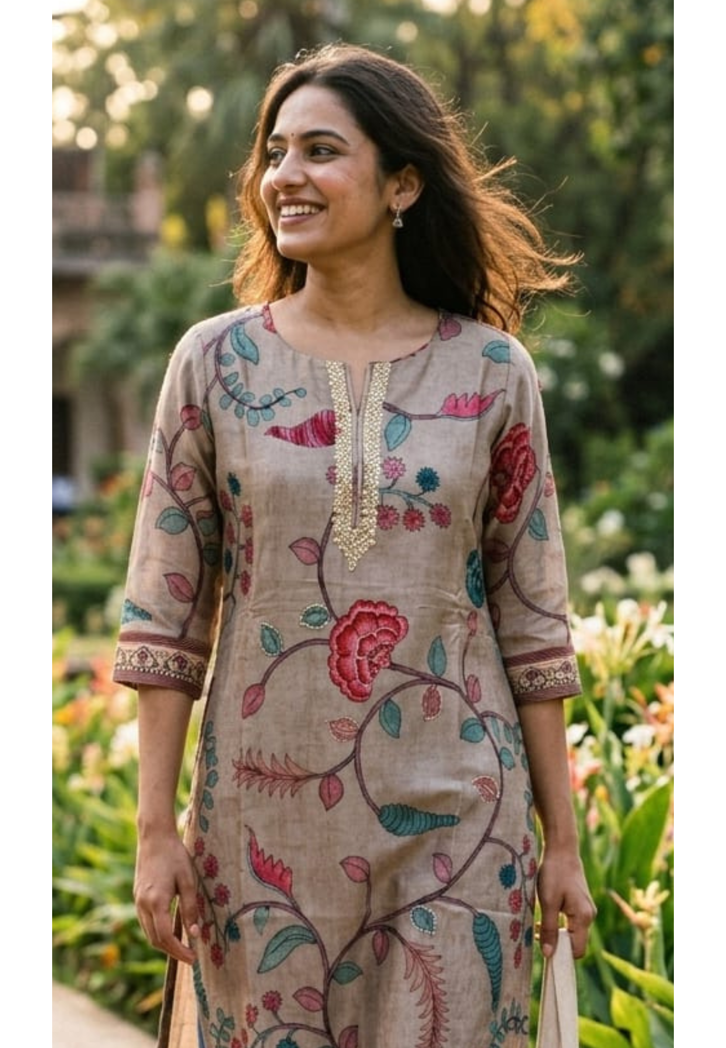 Zardosi Neckline Blossom Floral Print Russian Casual Wear Silk Kurti Only- 14717 RB384 LEAN FIT BOOK NEXT SIZE