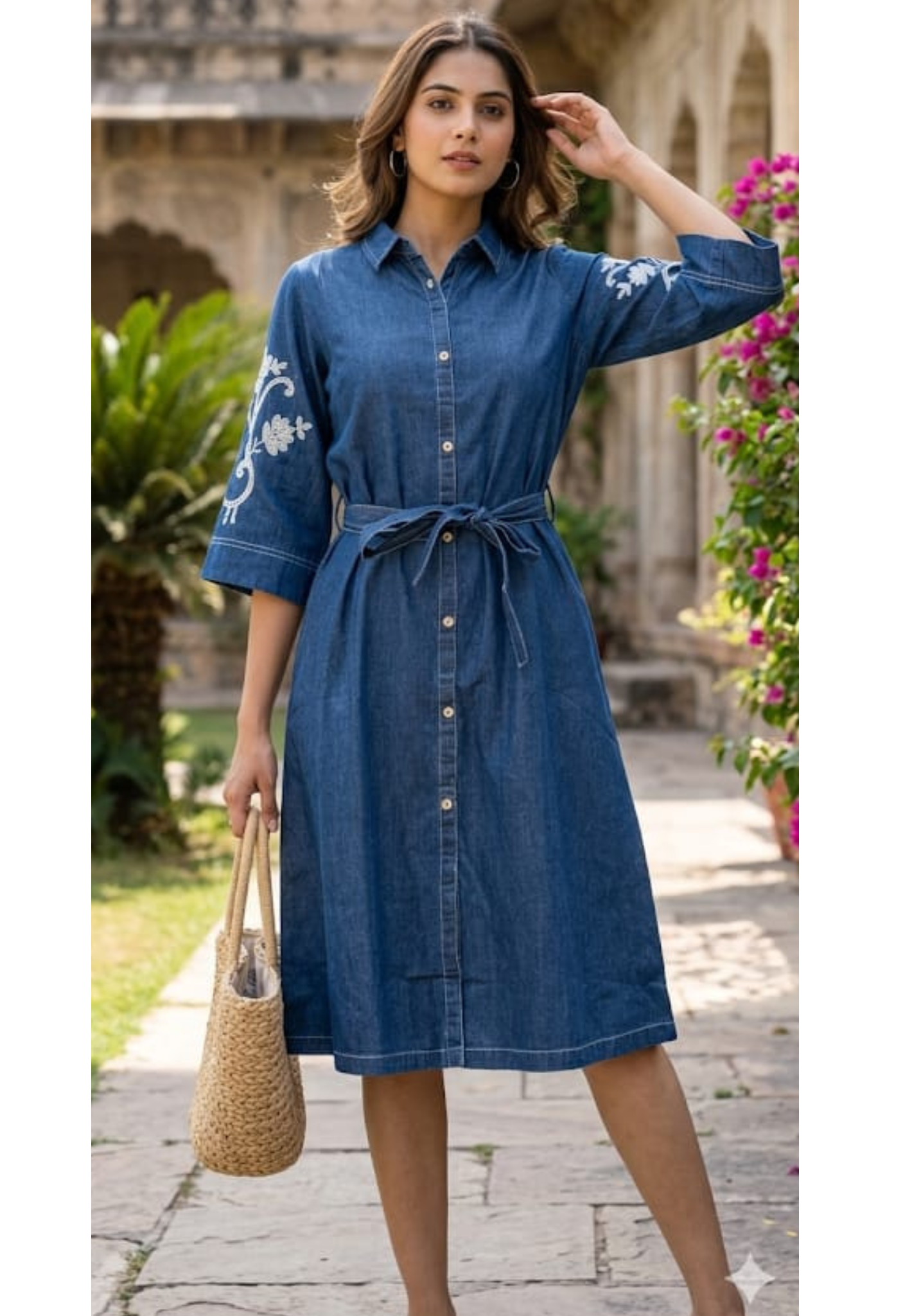 Stylish Embroidered In Sleeve Belt Accent Soft Denim Ankle Length Frock- 14669 RB379