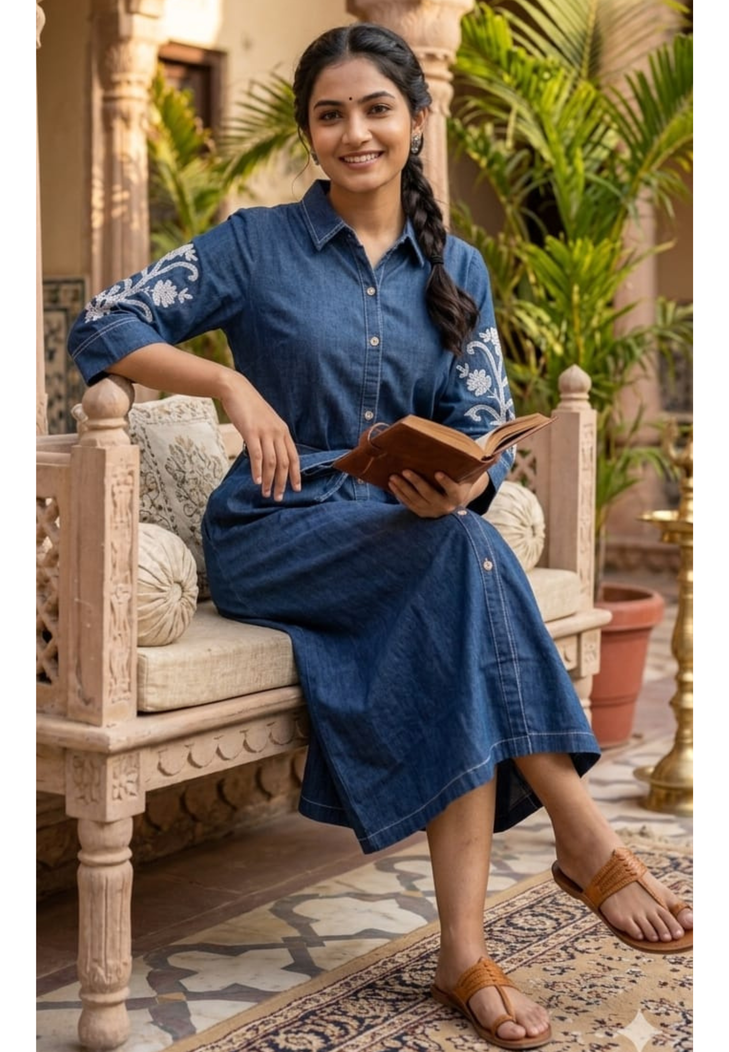 Stylish Embroidered In Sleeve Belt Accent Soft Denim Ankle Length Frock- 14669 RB379