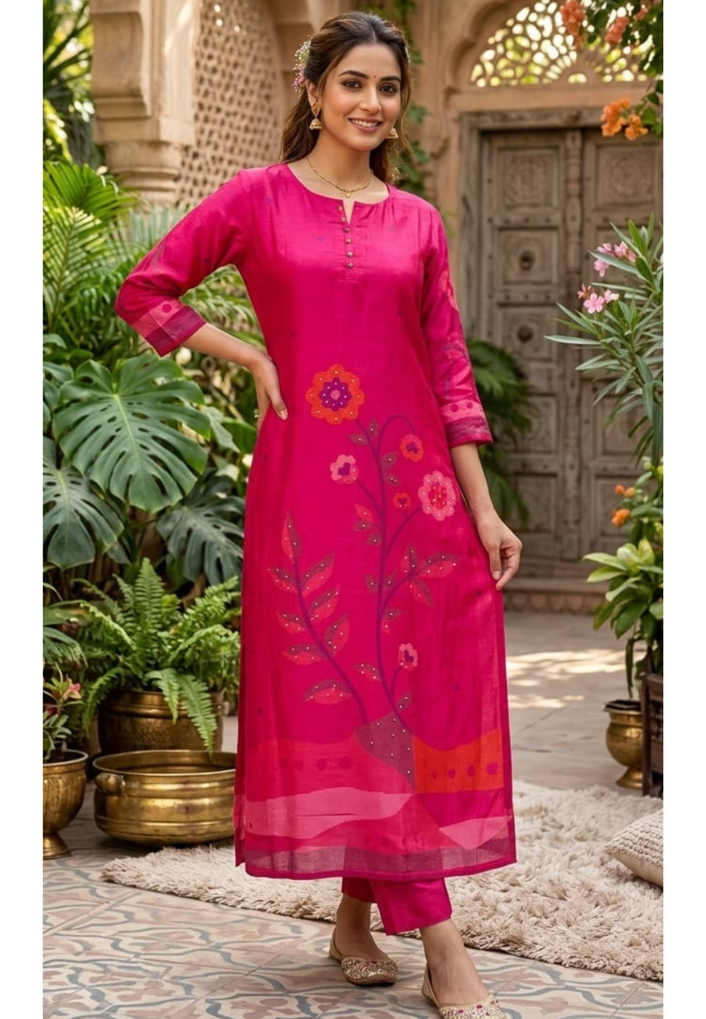 Fuschia Radiance Botanical Charm Russian Silk Blend Kurti Only- 14714, 14771  RB383 LEAN FIT BOOK NEXT SIZE