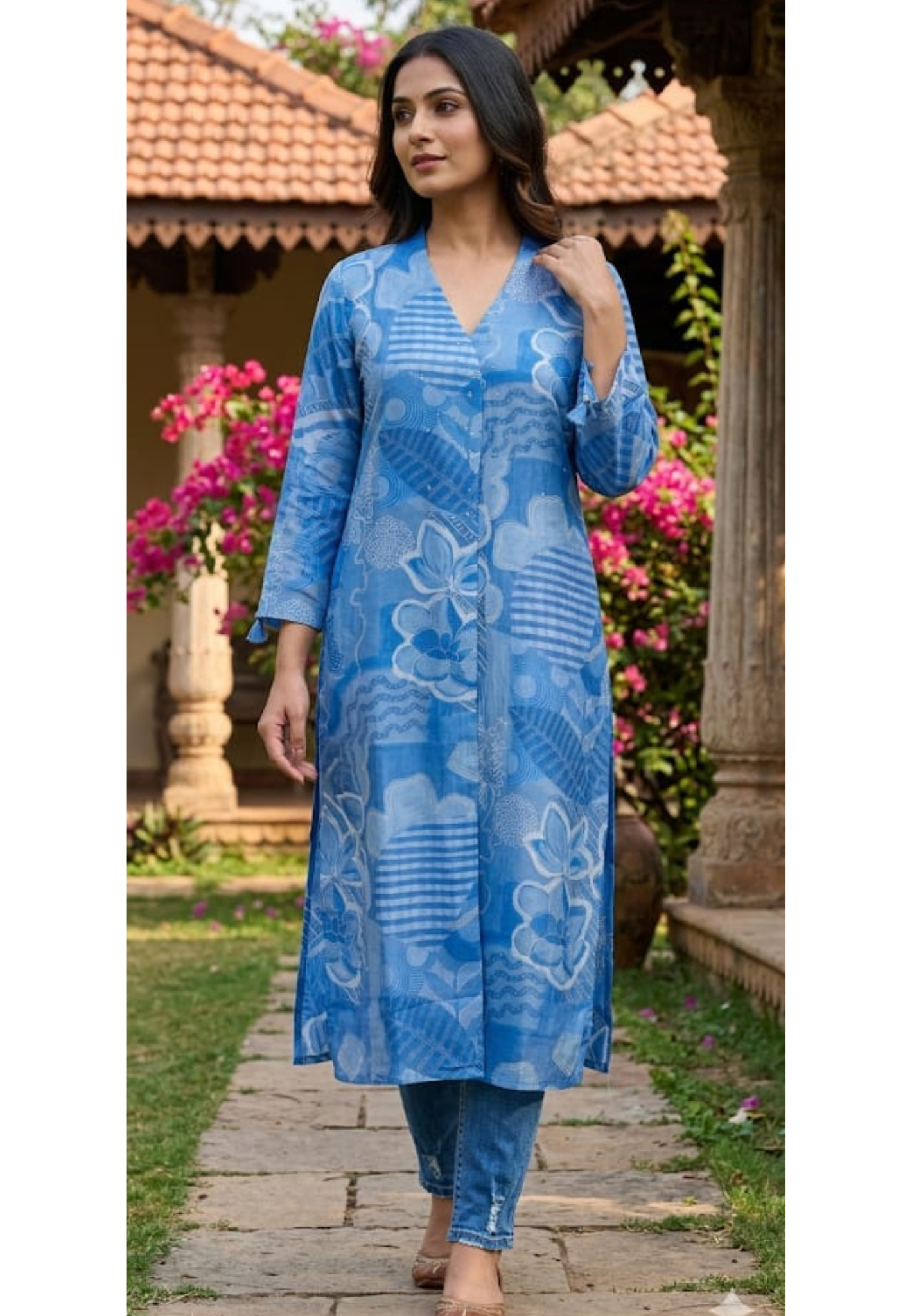 Ice-Blue Mossaic Floral Print Scattered Reinstone Touch Russian Silk Kurti Only- 14711 RB381