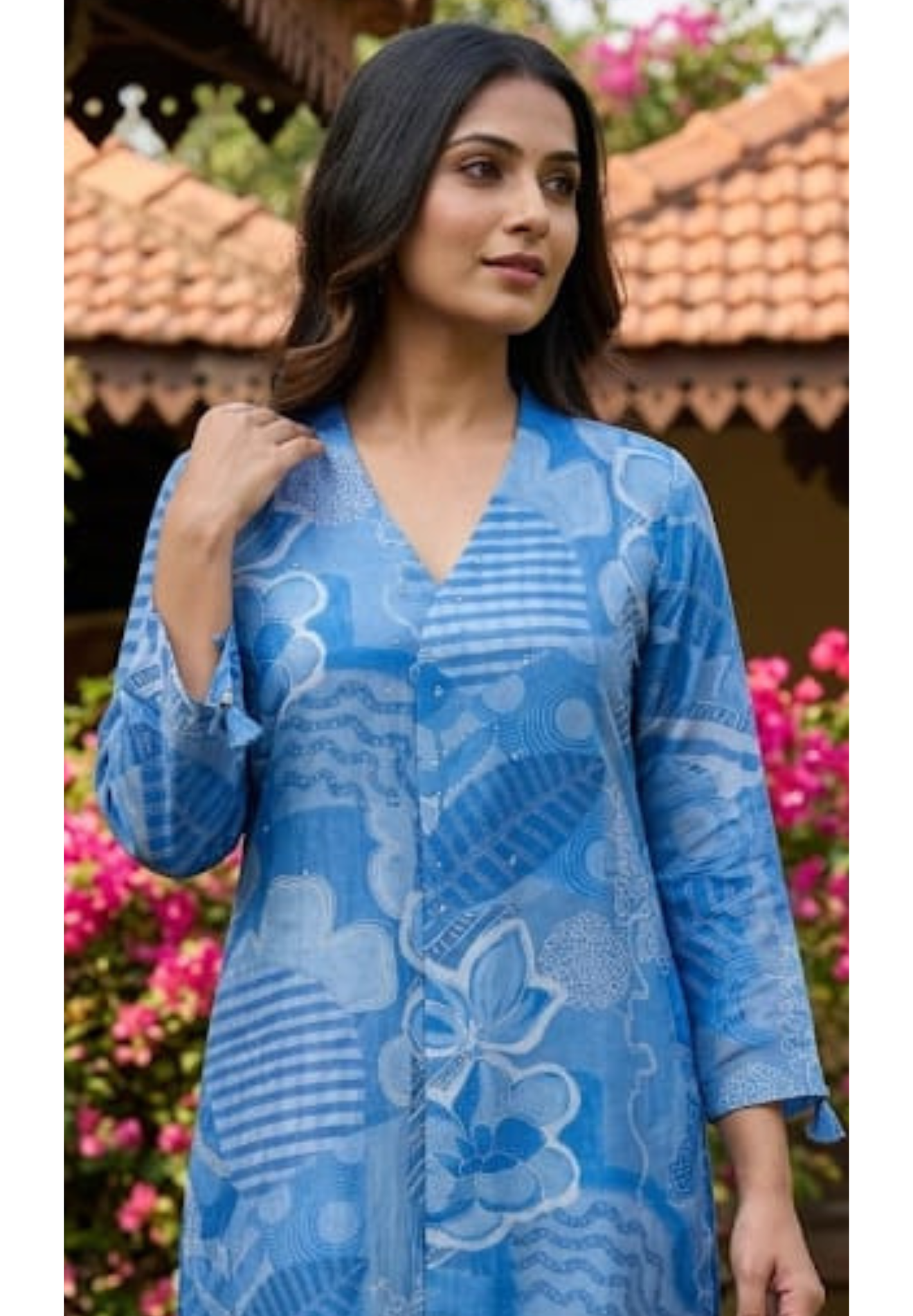 Ice-Blue Mossaic Floral Print Scattered Reinstone Touch Russian Silk Kurti Only- 14711 RB381