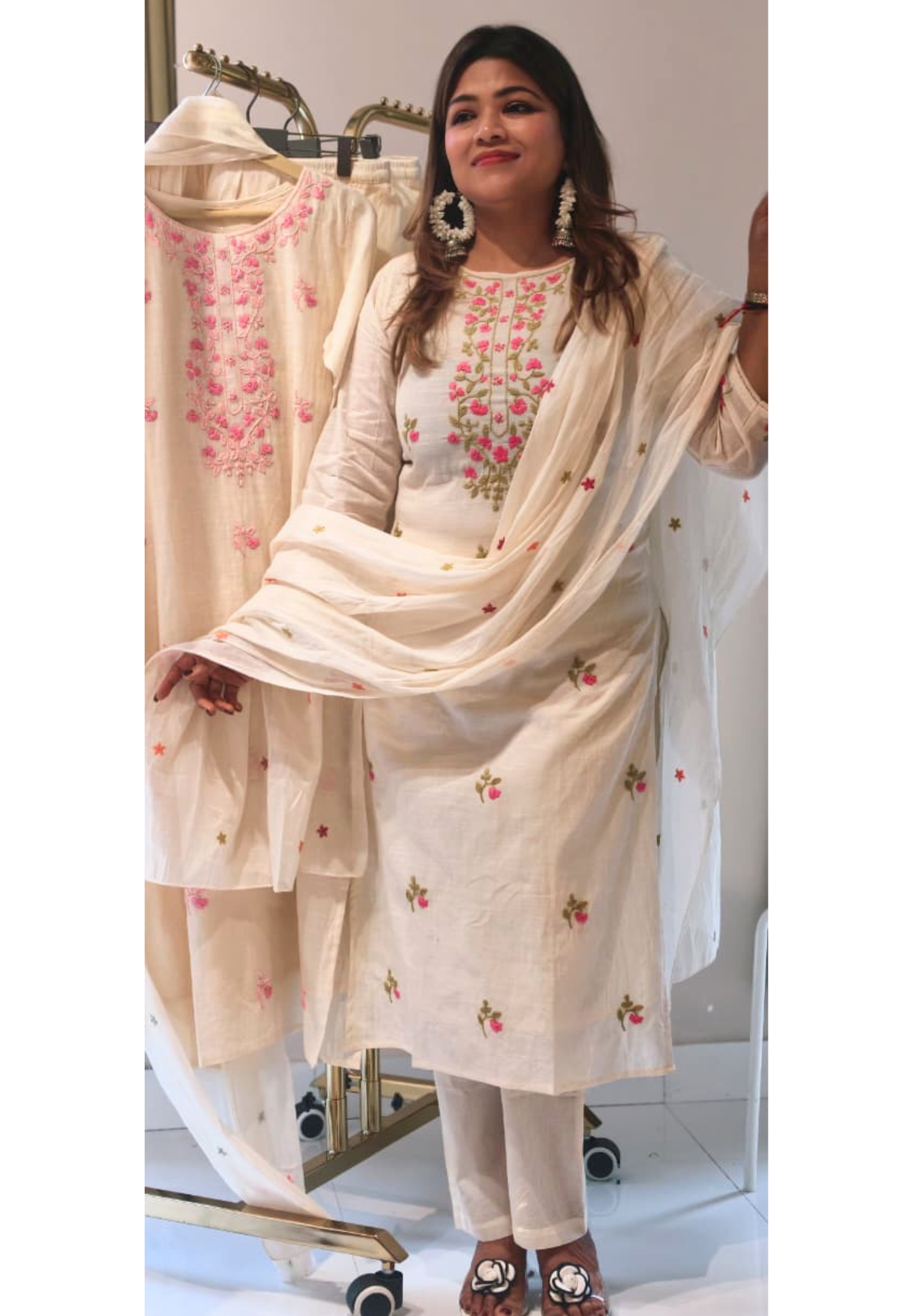 Ethereal Off-White Kora Cotton Full Suit Set with Fine Floral Subtle Embroidery- 14690 (Lean Fit)RB387