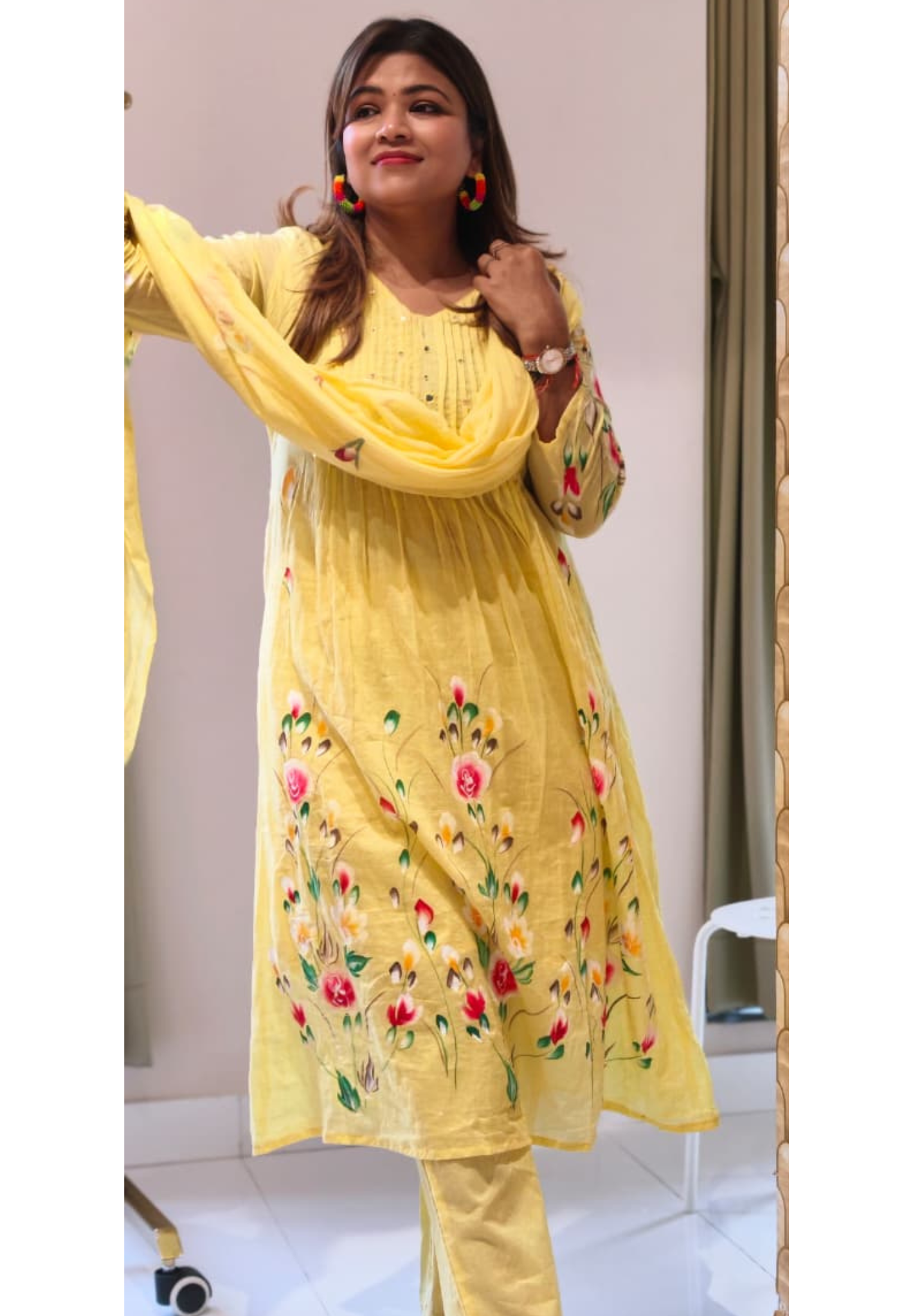 Floral Gardenia Blossom Print Pleated Yoke A-Line Mul Cotton Full Suit Set With Dupatta- 14737 RB388
