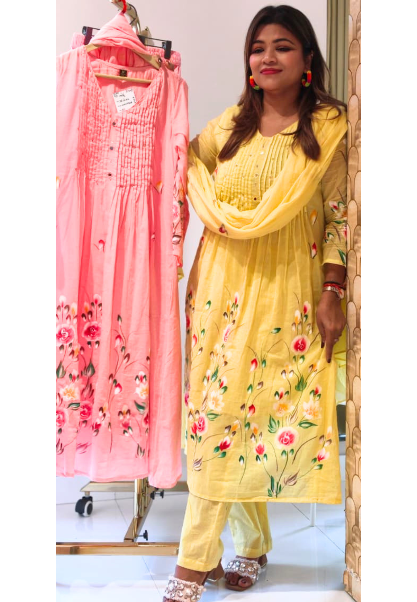 Floral Gardenia Blossom Print Pleated Yoke A-Line Mul Cotton Full Suit Set With Dupatta- 14737 RB388