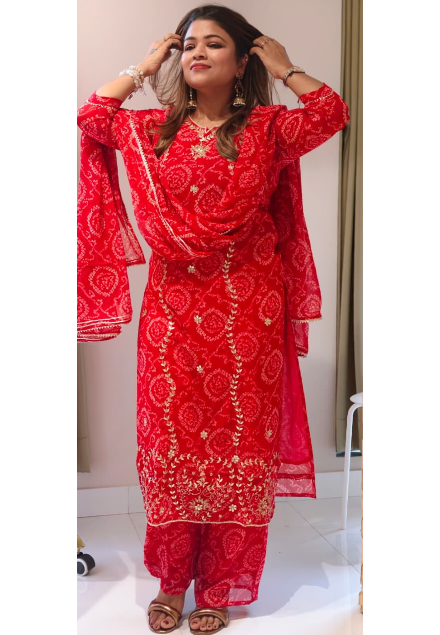 Premium Georgette Pure Gotta Patti Work Vibrant Bandhej Full Suit Set With Dupatta- 14539 RB385