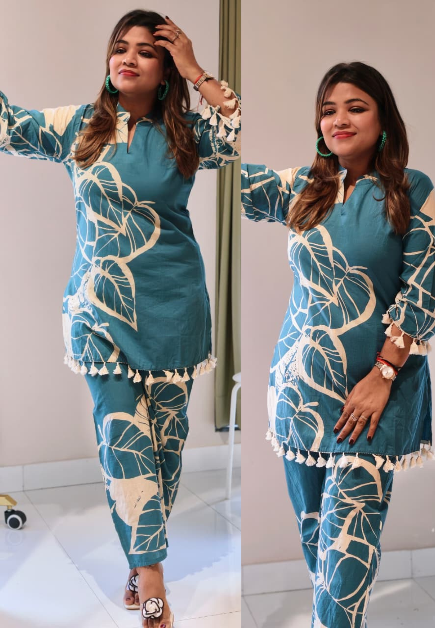 Summer Friendly Soft Cotton Co-Ord Set With Leafy Prints & Boho Tassels- 14657 (Lean Fit) RB377