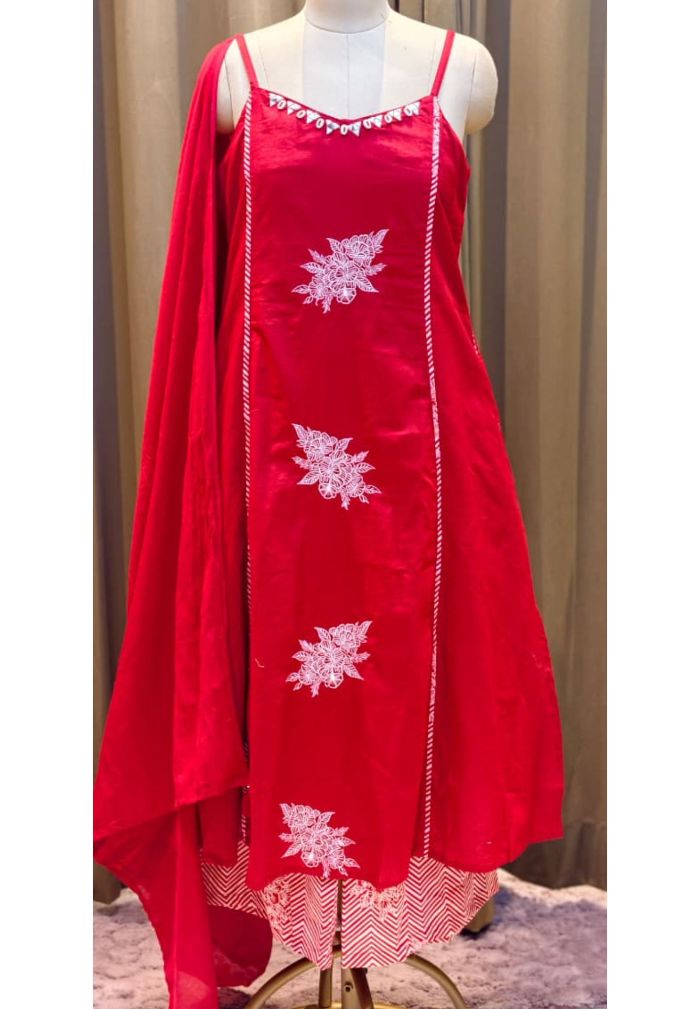 Pocket Style Vibrant Red Embroidered Sleeveless Cotton A-Line Full Suit Set With Dupatta  RB411