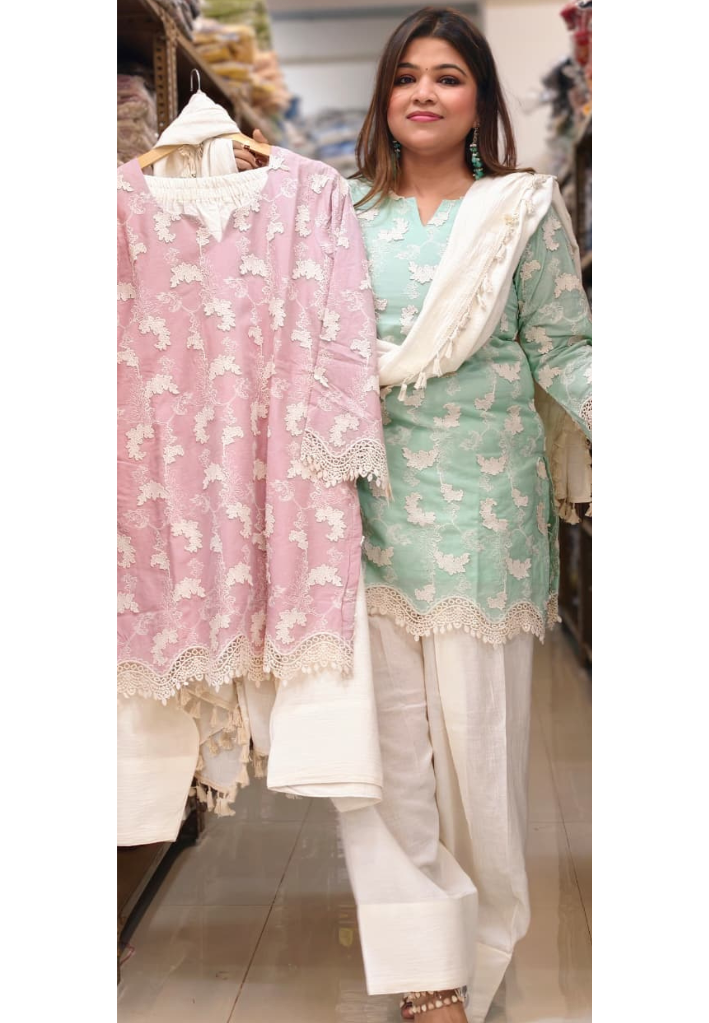 Premium Chevron Floral Popped Crosia Touch Full Suit Set With Tasseled Dupatta & Farsi Bottom- 14787 RB414