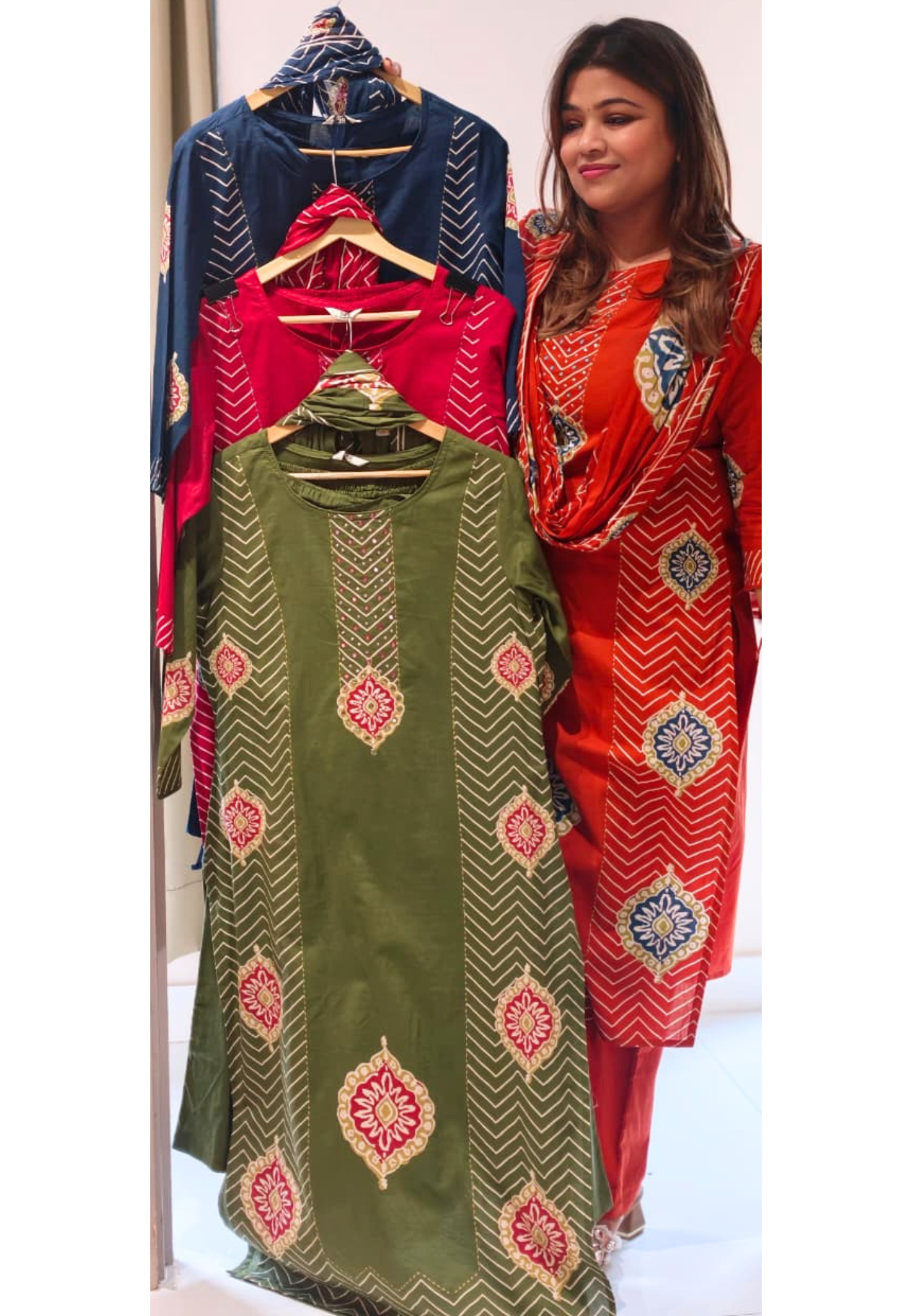 Chevron Zig-Zag Striped Foil Touch Matching Straight Full Suit Set With Dupatta In Cotton Fabric-14566 RB415