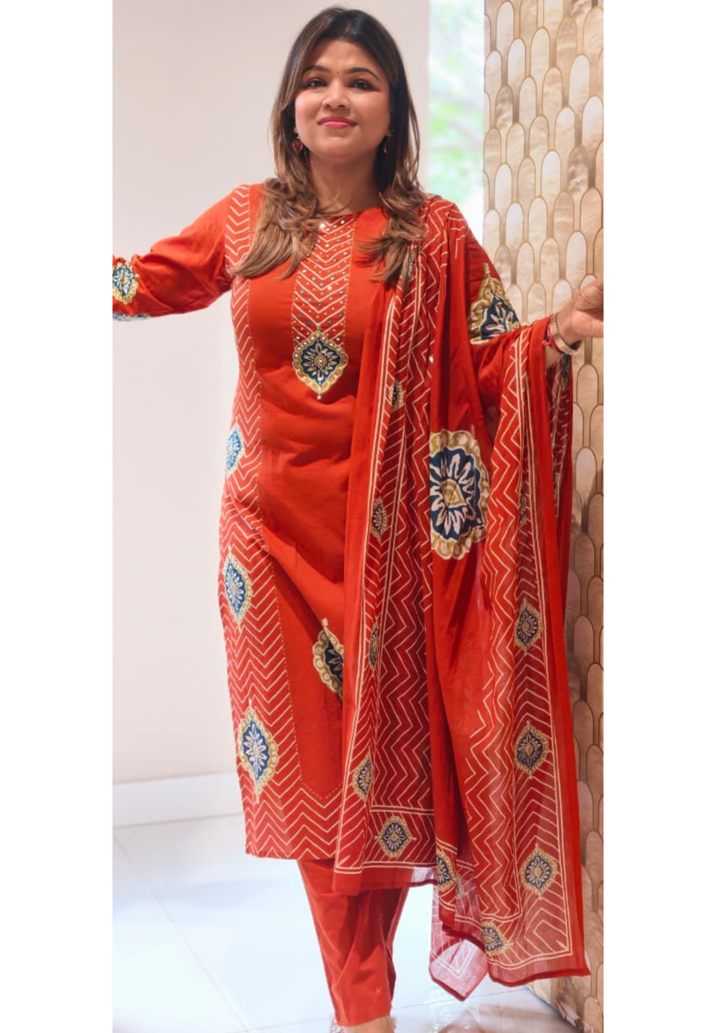 Chevron Zig-Zag Striped Foil Touch Matching Straight Full Suit Set With Dupatta In Cotton Fabric-14566 RB415