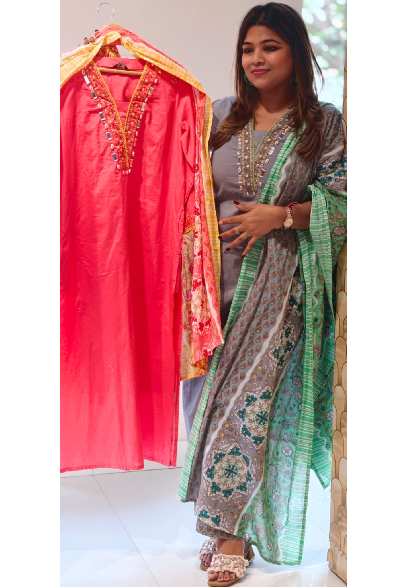 Elegant Straight Fit Kurti with Bottom and dupatta Handwork Neckline Detailing-14564  RB416