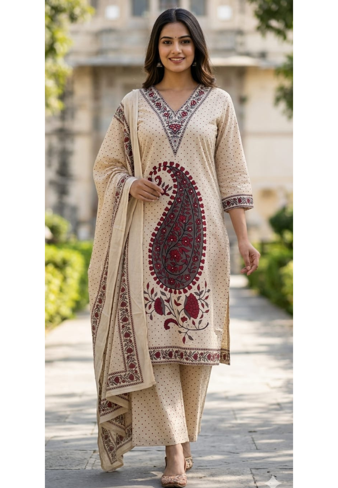 Giant Mango Buti Inspired Print With Sequin Touch Cotton Full Suit Set With Dupatta- 14798 RB417