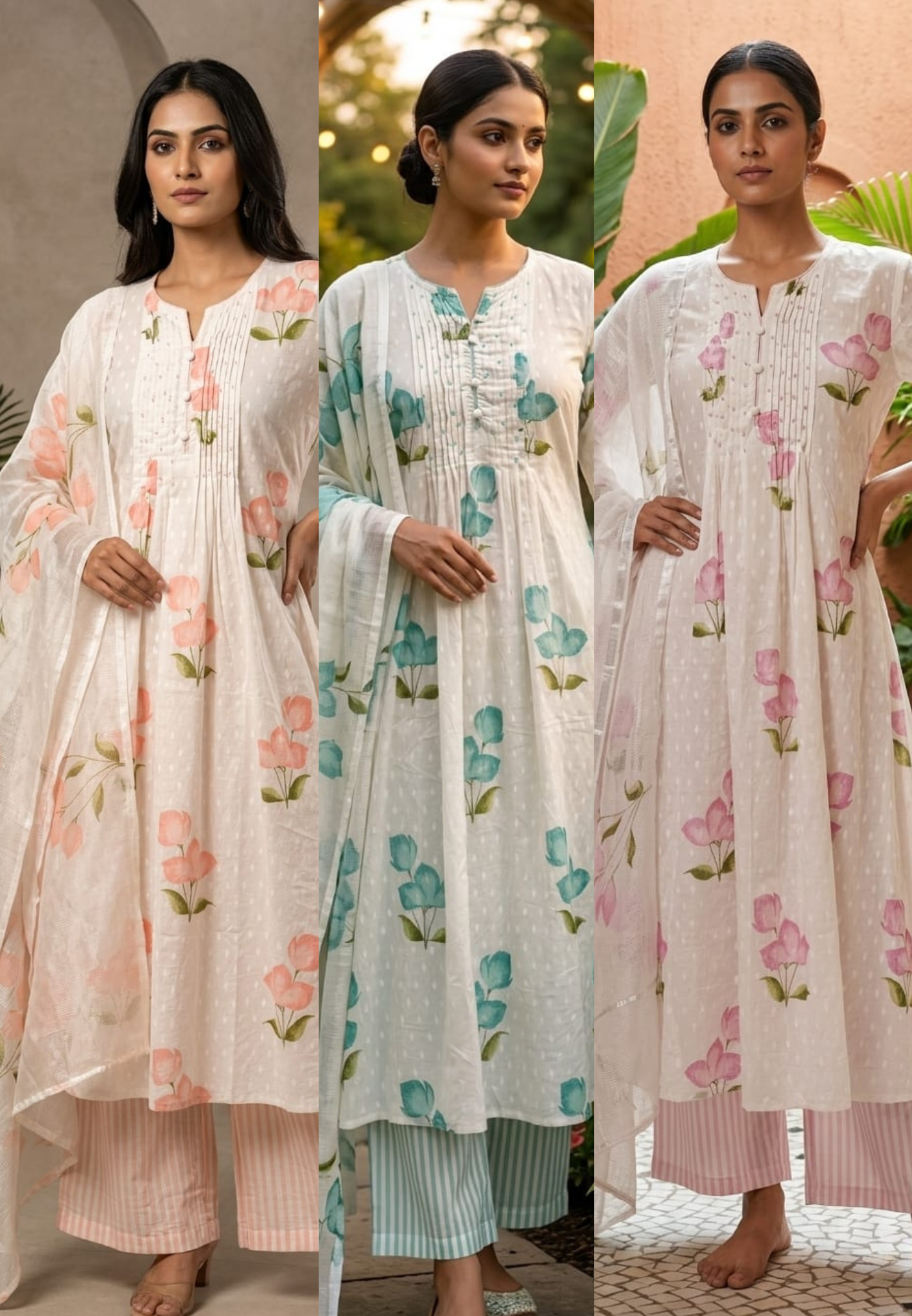 Elegant Floral Blush Pleated Mul Cotton Printed A-Line Full Suit Set With Dupatta- 14673 RB413