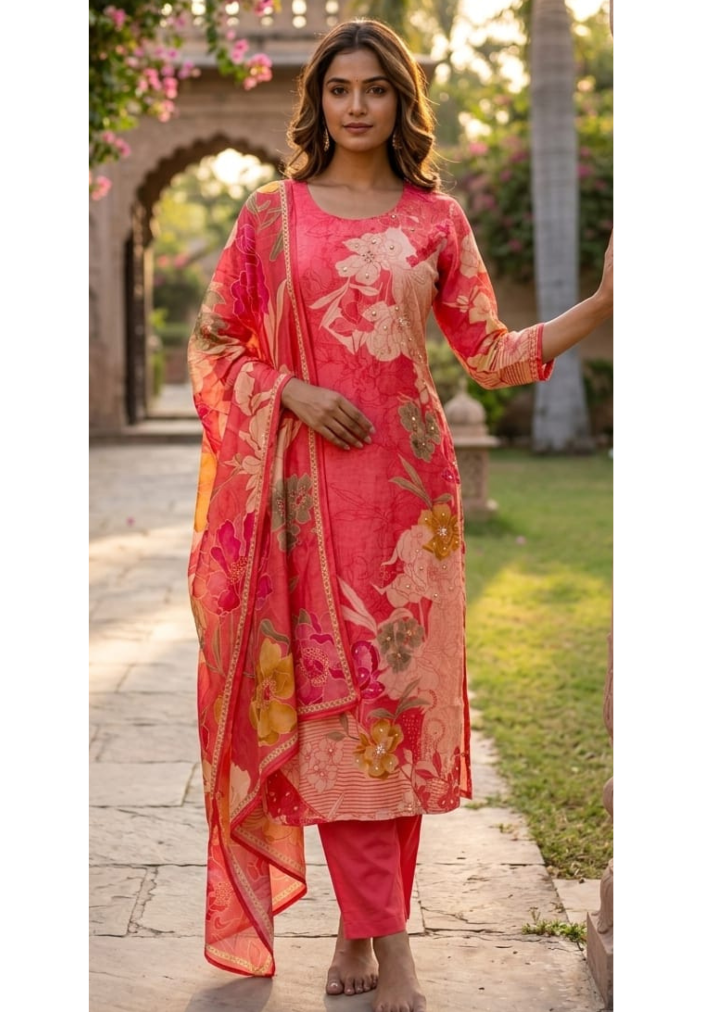 Refreshing Peach Elegance Floral Motifs Full Suit Set With Dupatta- 14726 RB424
