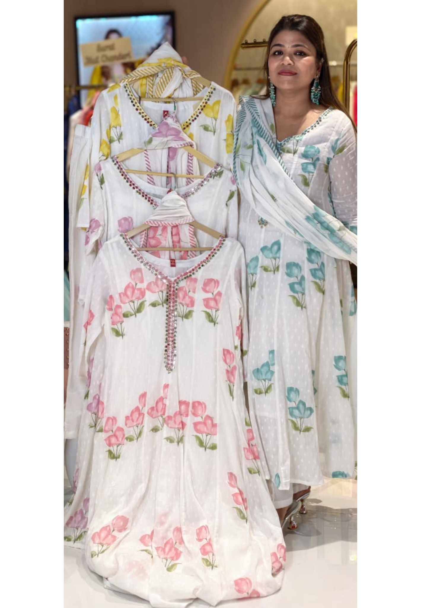 Panel Cut Foil Mirror Neckline Floral Printed Mul Cotton Anarkali Full Suit Set With Dupatta- 14804 RB460