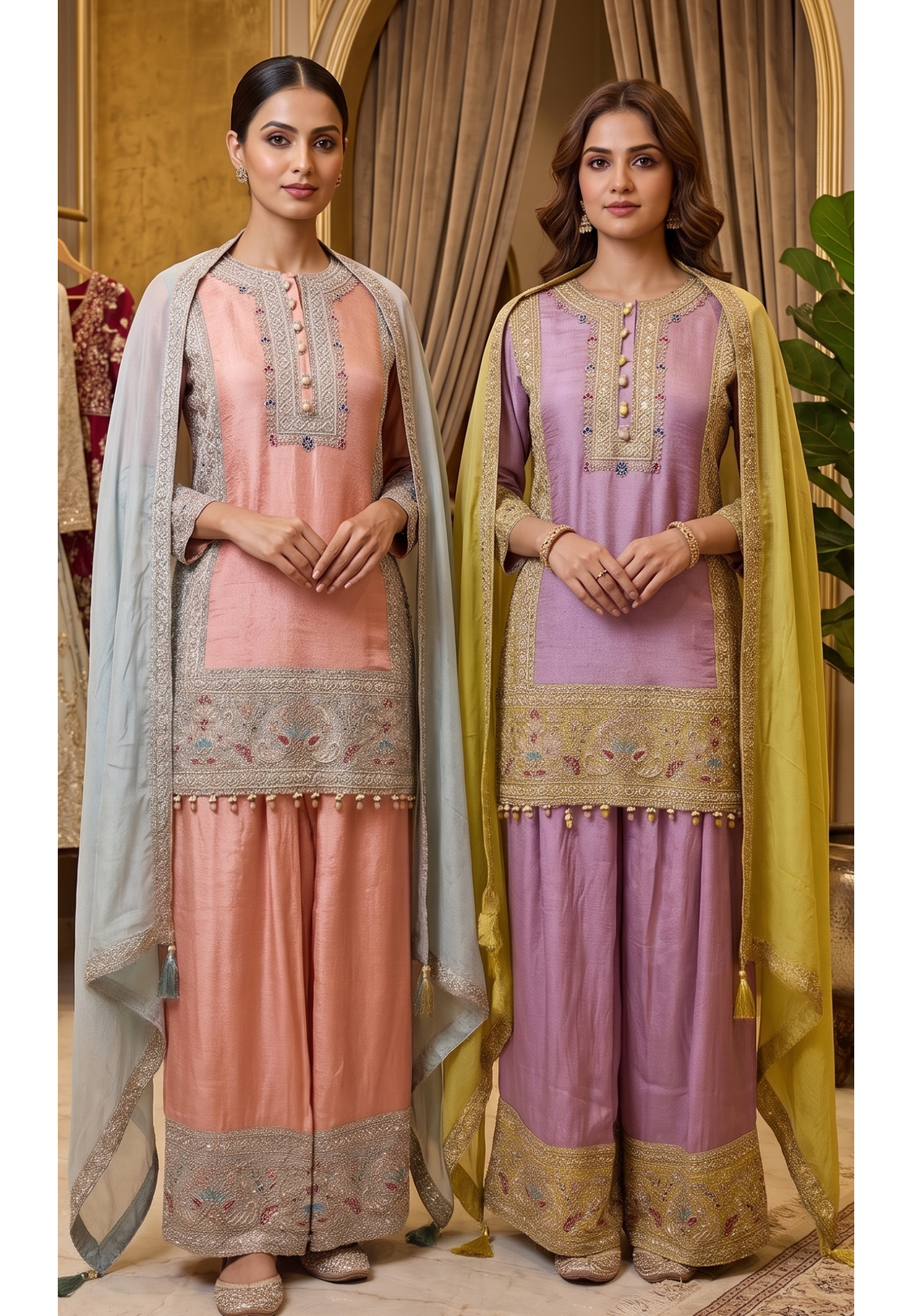 Chevron Dual Shade Pastel Hand Embroidery Work Tassel Accent Heavy Party Wear-14286